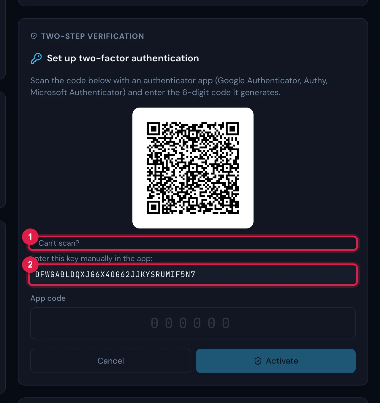 Can't scan? open: the sentence Enter this key manually in the app: and the key, to type into the authenticator app when the QR cannot be read.
