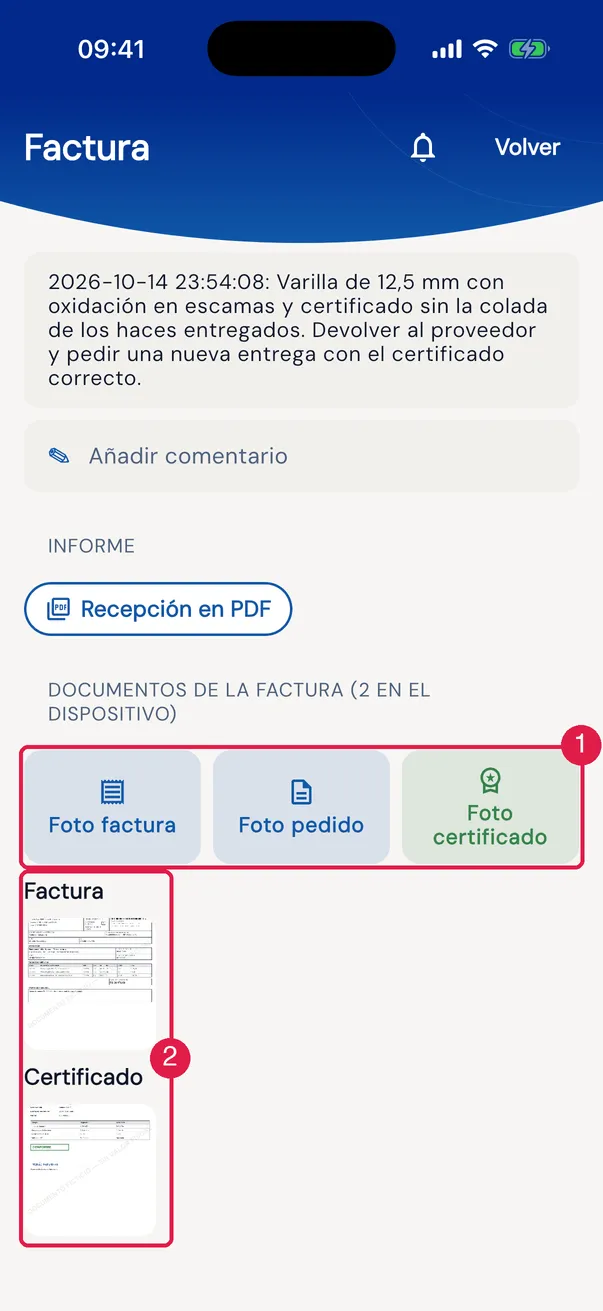 Los documentos de la factura 67093, devuelta a la verificación, separados por grupo.