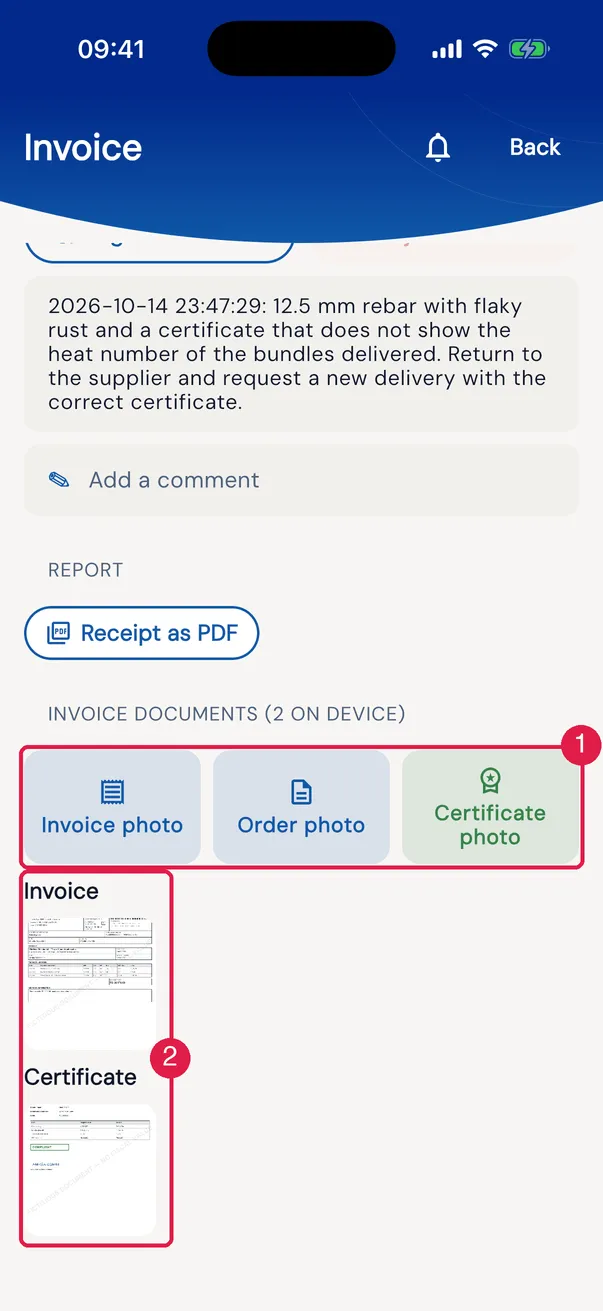 The documents of invoice 67093, returned to checking, separated by group.
