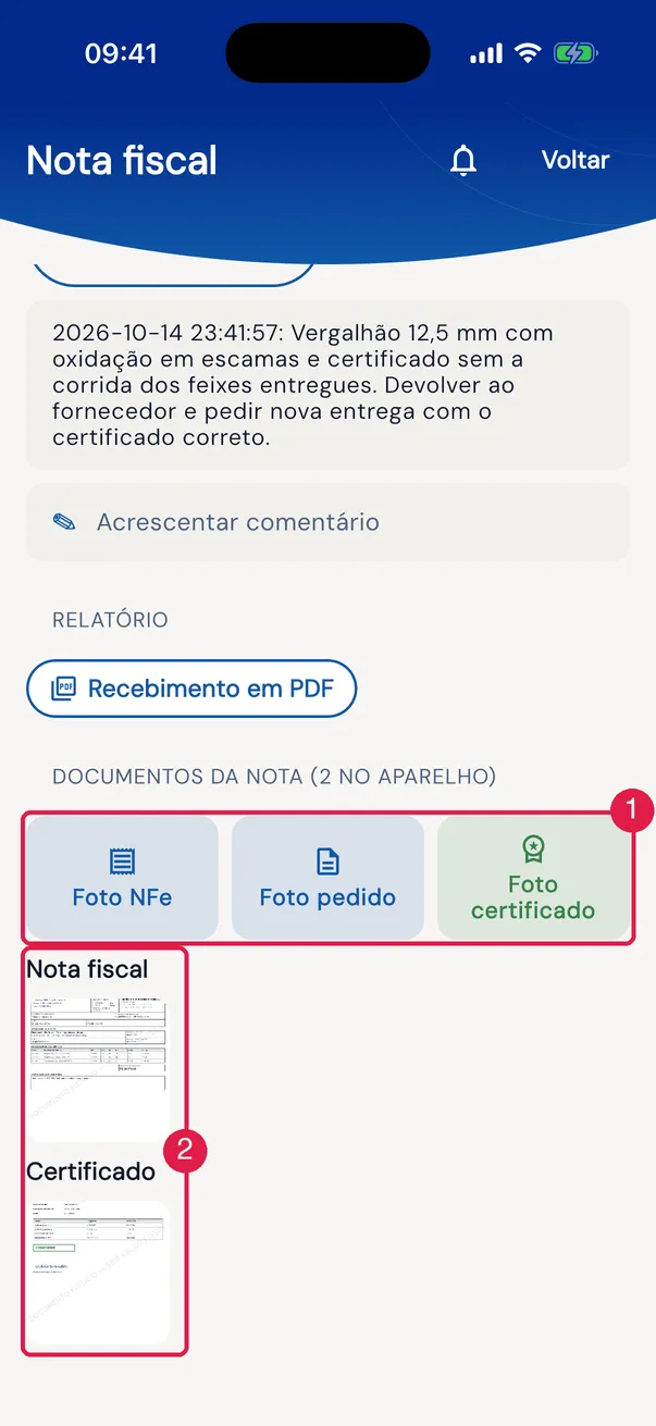 Os documentos da nota 67093, devolvida à conferência, separados por grupo.