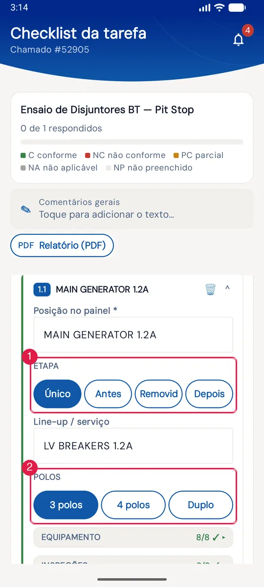 O começo da ficha aberta por ✎ Editar: Posição no painel, Etapa, Line-up / serviço e Polos.