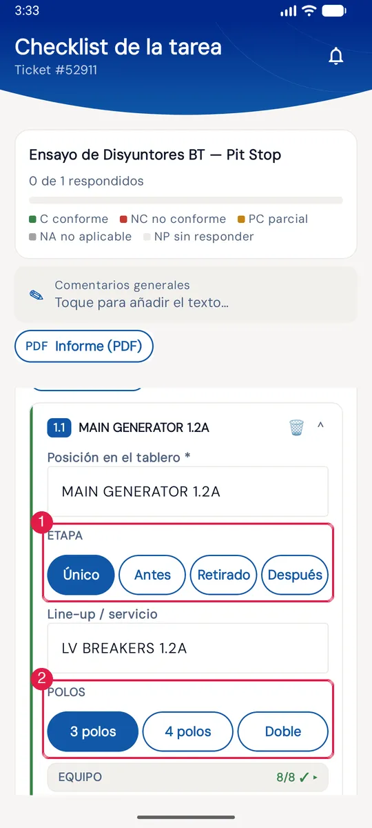 El comienzo de la ficha abierta con ✎ Editar: Posición en el tablero, Etapa, Line-up / servicio y Polos.