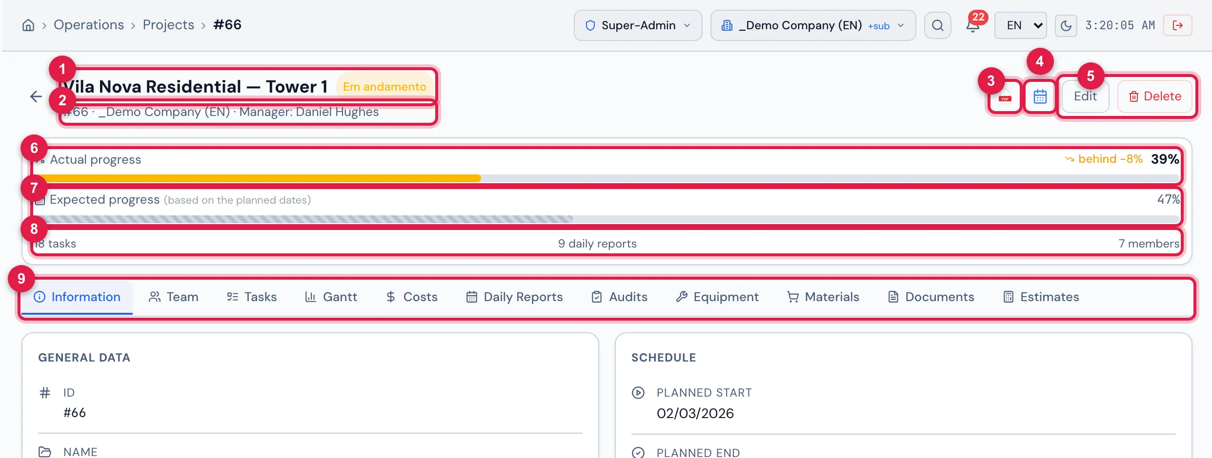 The header of the Vila Nova Residential — Tower 1 page (manager Daniel Hughes), the progress card — 39% actual progress, below what the planned dates expect — and the tab bar.