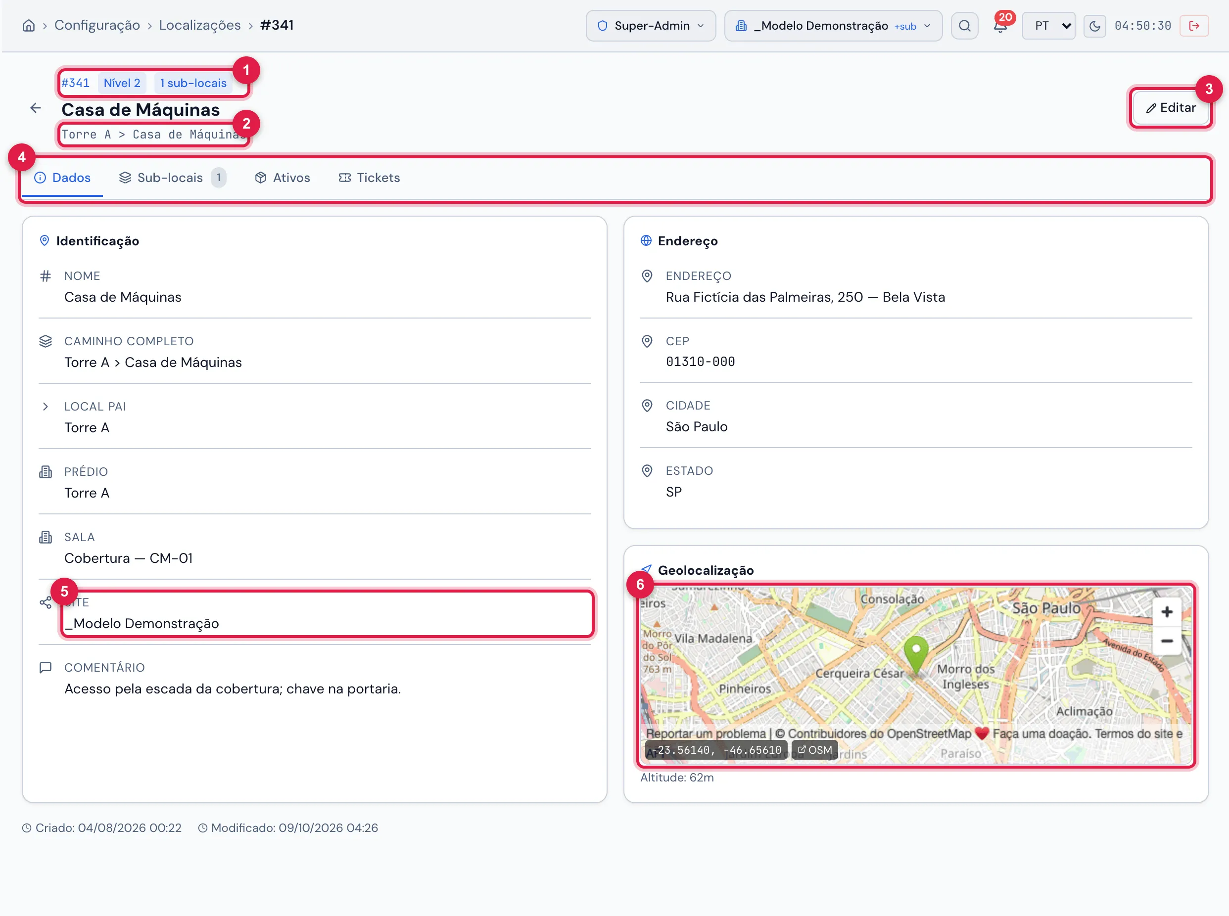Ficha da localização, aba Dados: Identificação (nome, caminho completo, local pai, prédio, sala, site), Endereço e Geolocalização com o mapa; no rodapé, as datas de criação e de modificação.