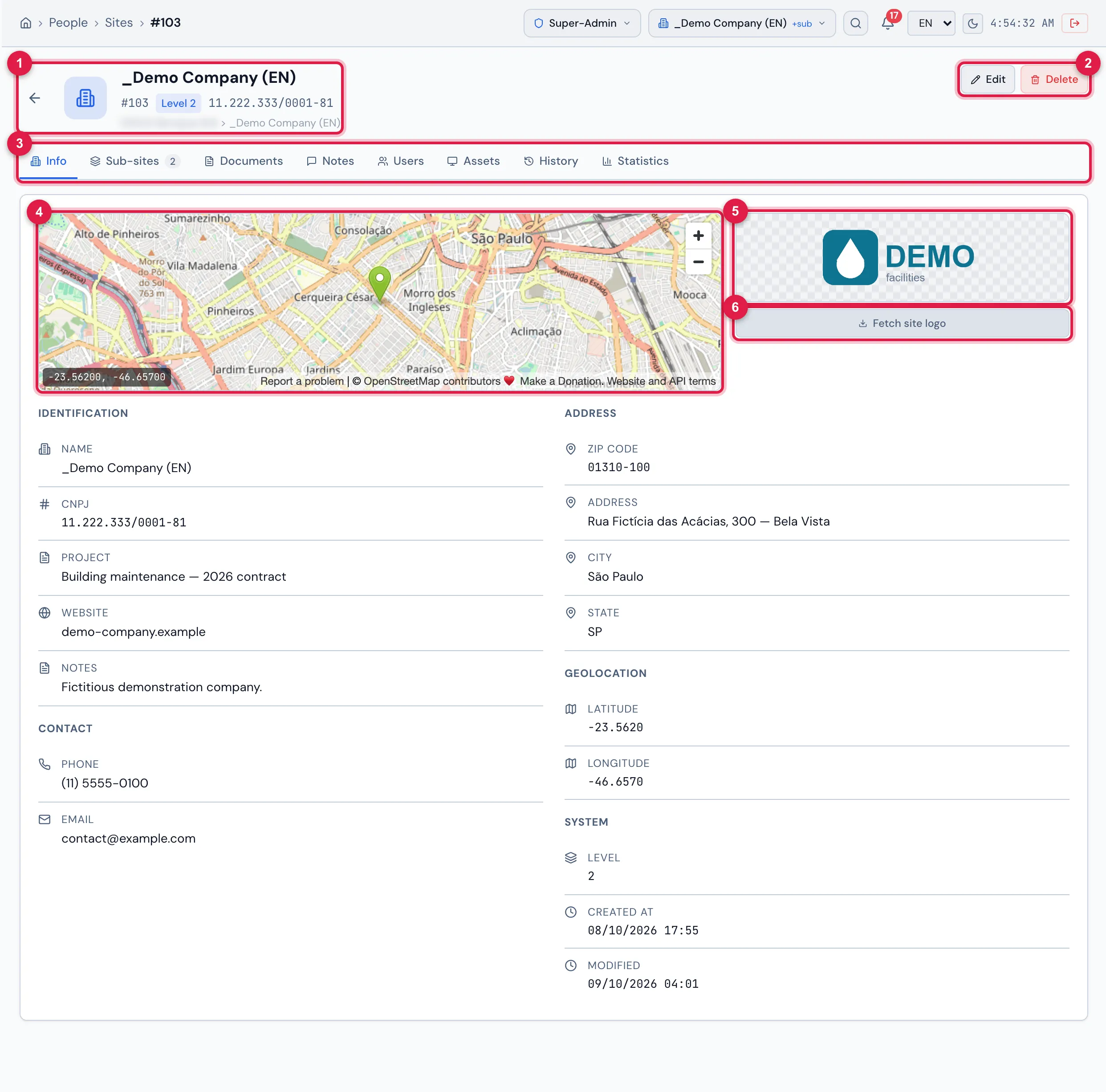 Site record, Info tab: the map with the point of the coordinates, the logo box with Fetch site logo and the data in Identification, Contact, Address, Geolocation and System.