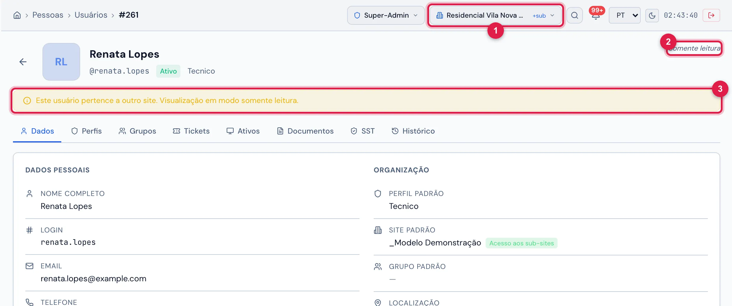 A mesma ficha com a Torre 1 no cabeçalho: o usuário é da empresa, então a ficha abre Somente leitura, com a faixa amarela e sem a aba Localização.