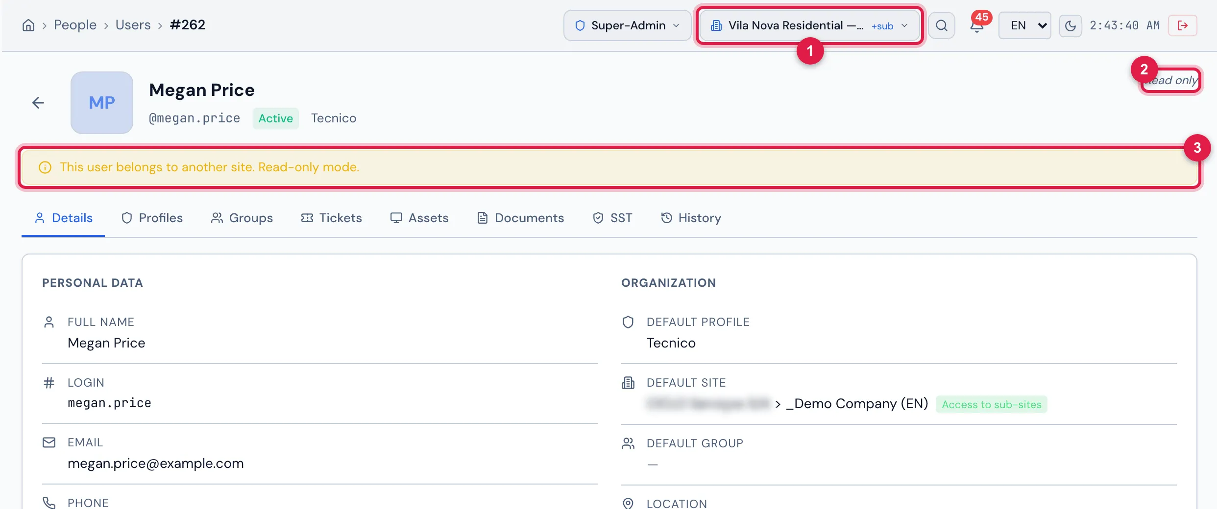 The same record with Vila Nova Residential — Tower 1 in the header: the user belongs to the company, so the record opens Read only, with the yellow strip and without the Location tab.