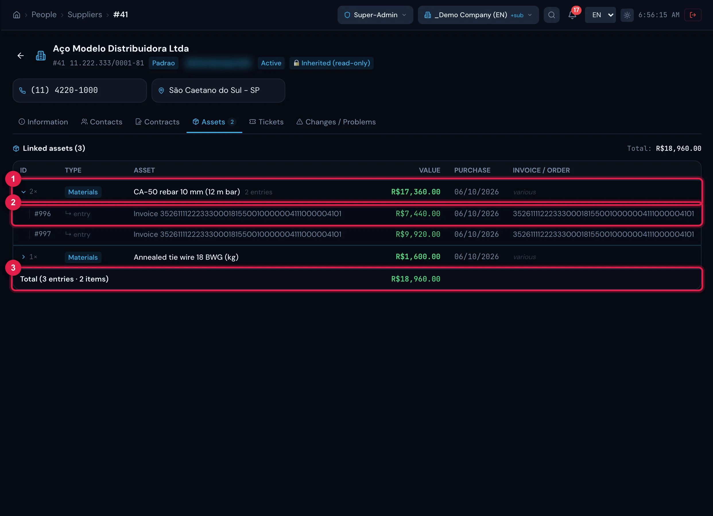 Assets tab of a materials supplier: one material with several invoice entries, expanded, and the total in the footer.