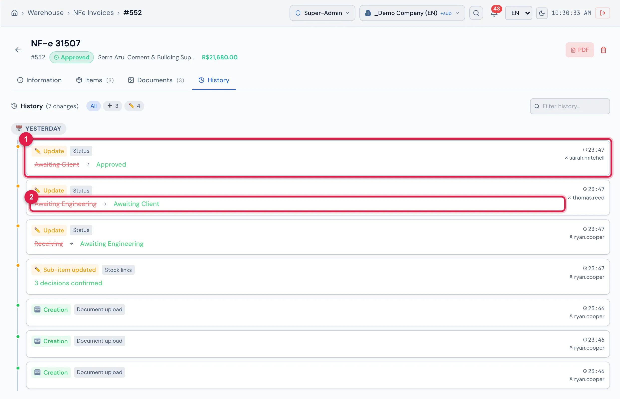 The History tab of invoice 31507, which went through the whole flow.