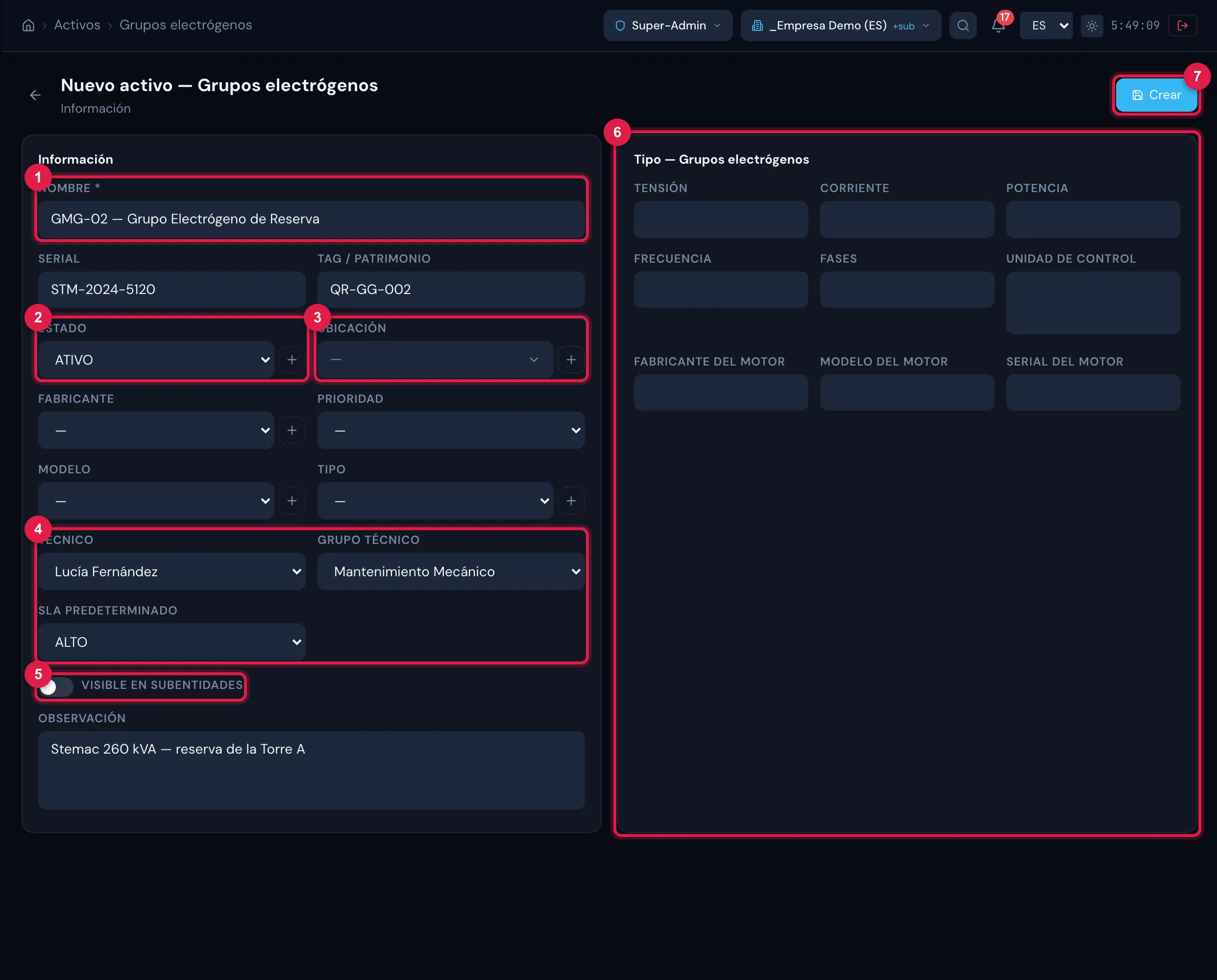La página Nuevo activo — Grupos electrógenos: a la izquierda los campos comunes a todos los tipos; a la derecha los campos adicionales del tipo, en secciones. El botón Crear queda arriba, a la derecha.