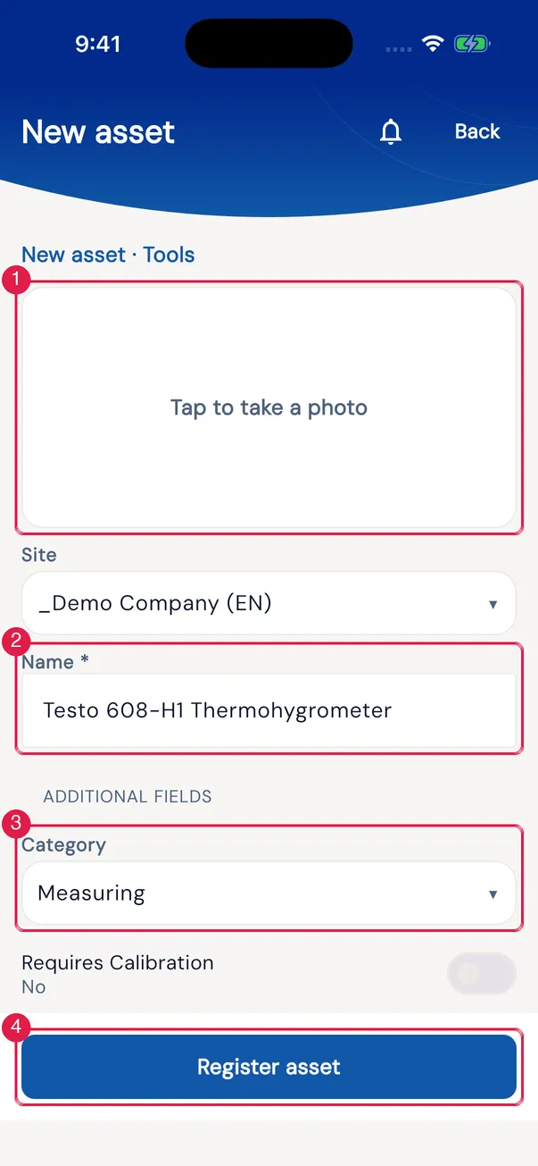 New asset · Tools form: photo, Site, Name and, in the additional fields, Category chosen from the list of options and the Requires Calibration switch (the image omits the fields in between, from Serial number to Comment).