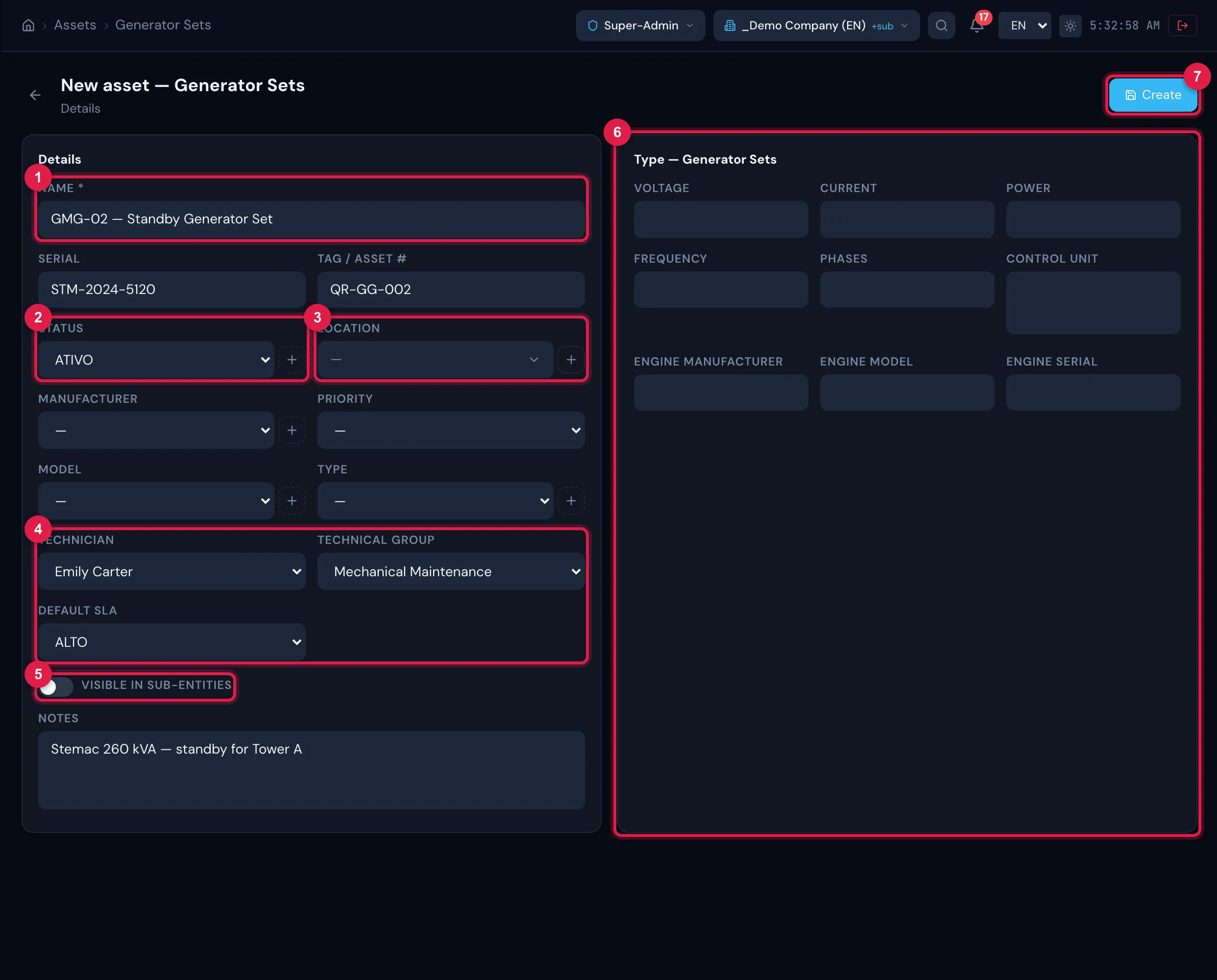 The New asset — Generator Sets page: on the left the fields common to all types; on the right the additional fields of the type, in sections. The Create button is at the top right.