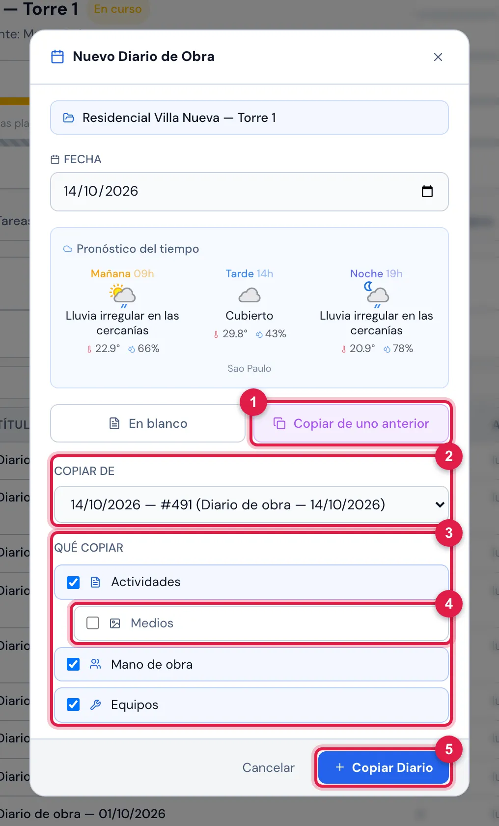 Copiar de uno anterior con el diario más reciente del proyecto como origen y Actividades, Mano de obra y Equipos marcados.