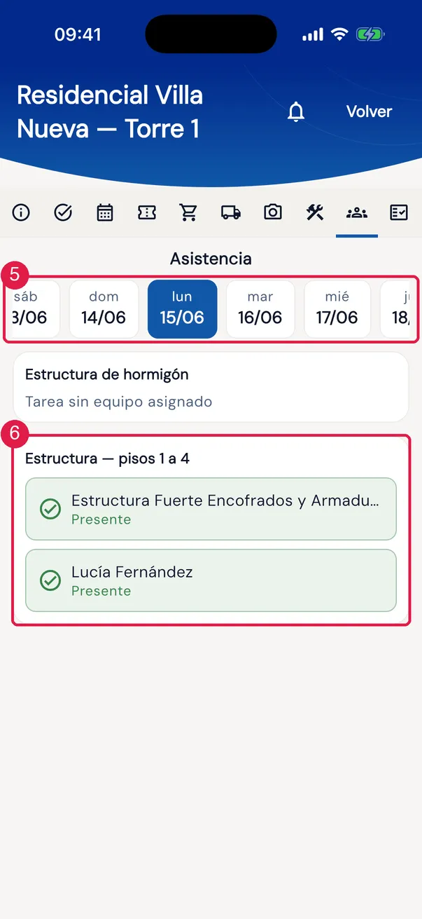 Pestaña Asistencia.