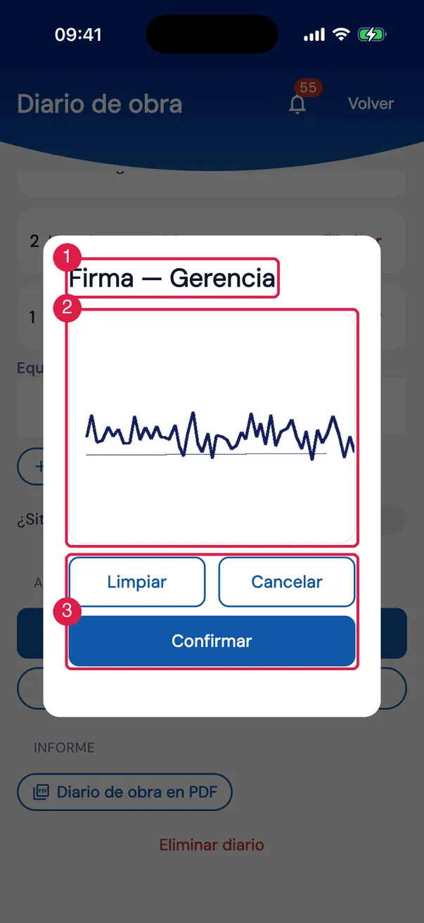 El cuadro de firma de quien aprueba como gerencia, ya con la firma registrada en el perfil.