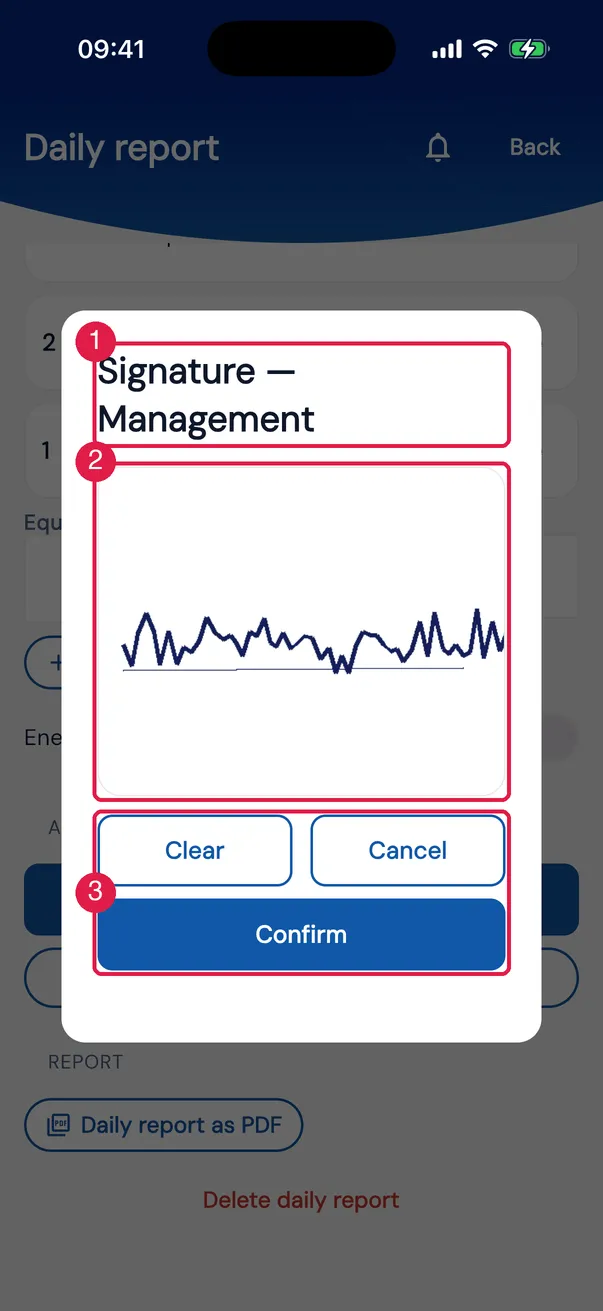 The signature pad of whoever approves as management, already with the signature registered in the profile.
