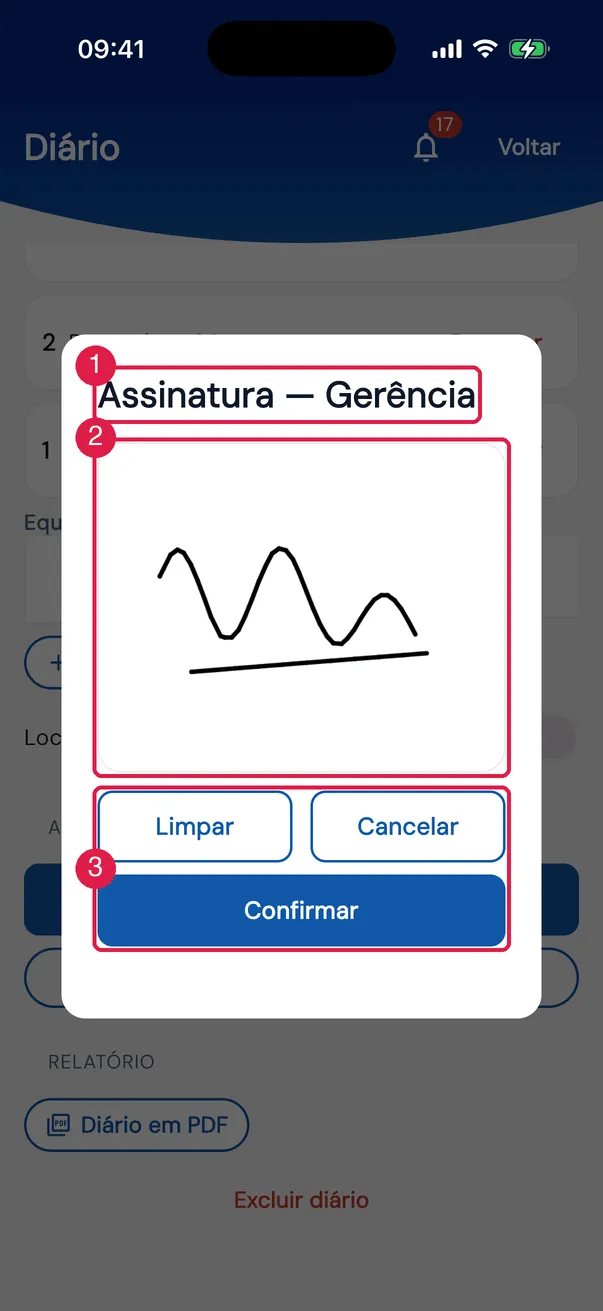 O quadro de assinatura de quem aprova como gerência, já com a assinatura cadastrada no perfil.