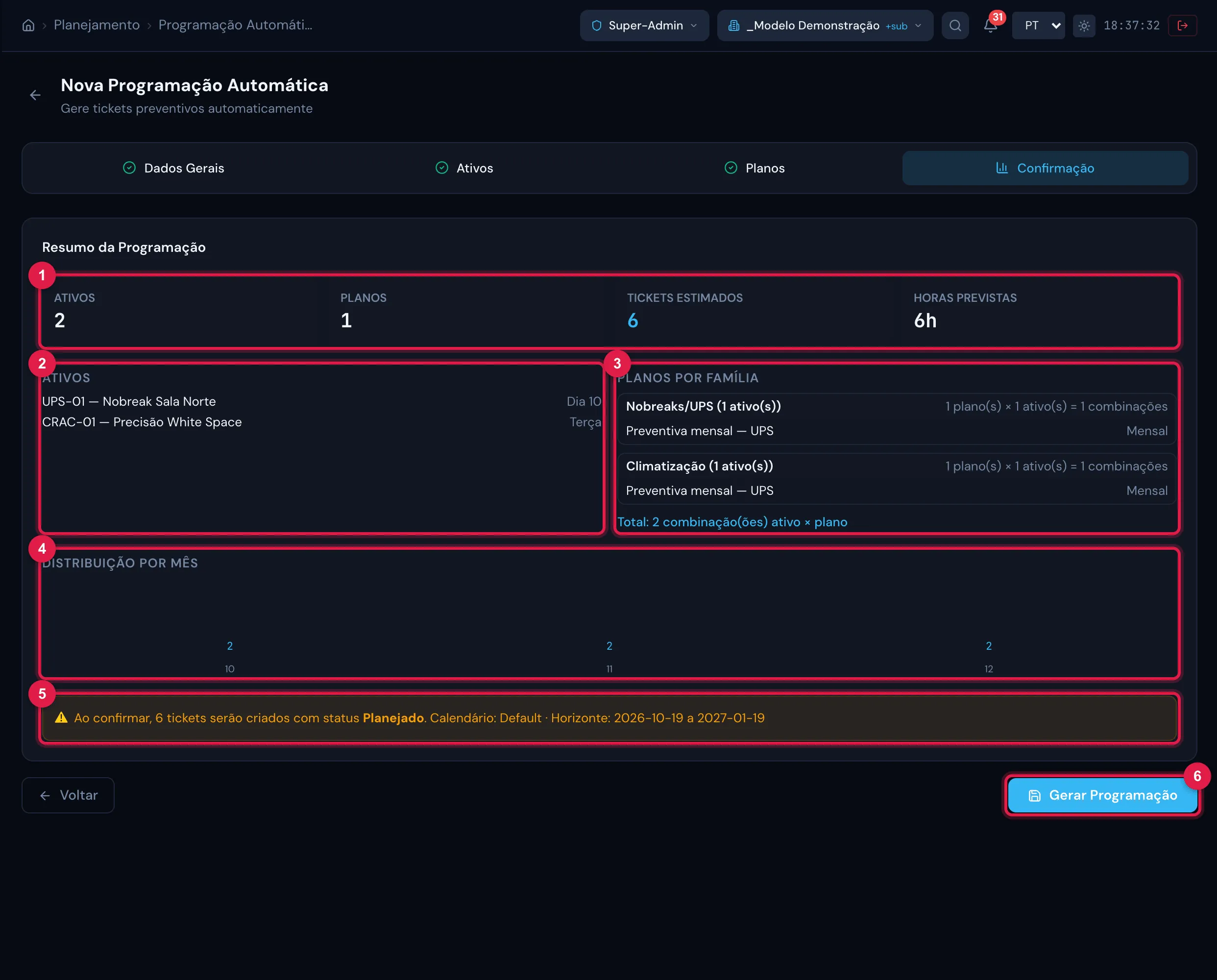 Passo Confirmação: o Resumo da Programação com os totais, os ativos com o dia preferencial, os planos, a Distribuição por Mês e o aviso final.