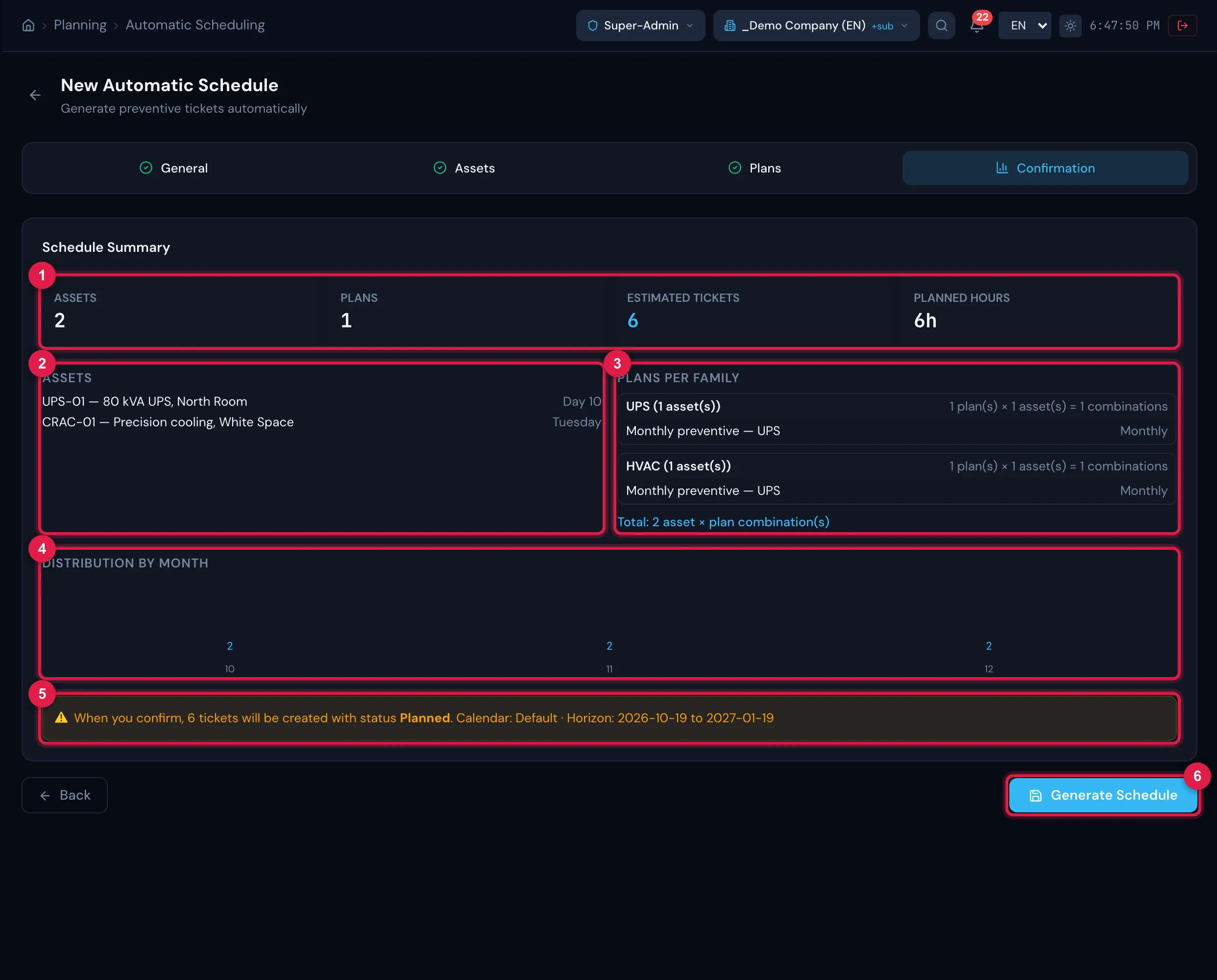 Step Confirmation: the Schedule Summary with the totals, the assets with their preferred day, the plans, the Distribution by Month and the final warning.