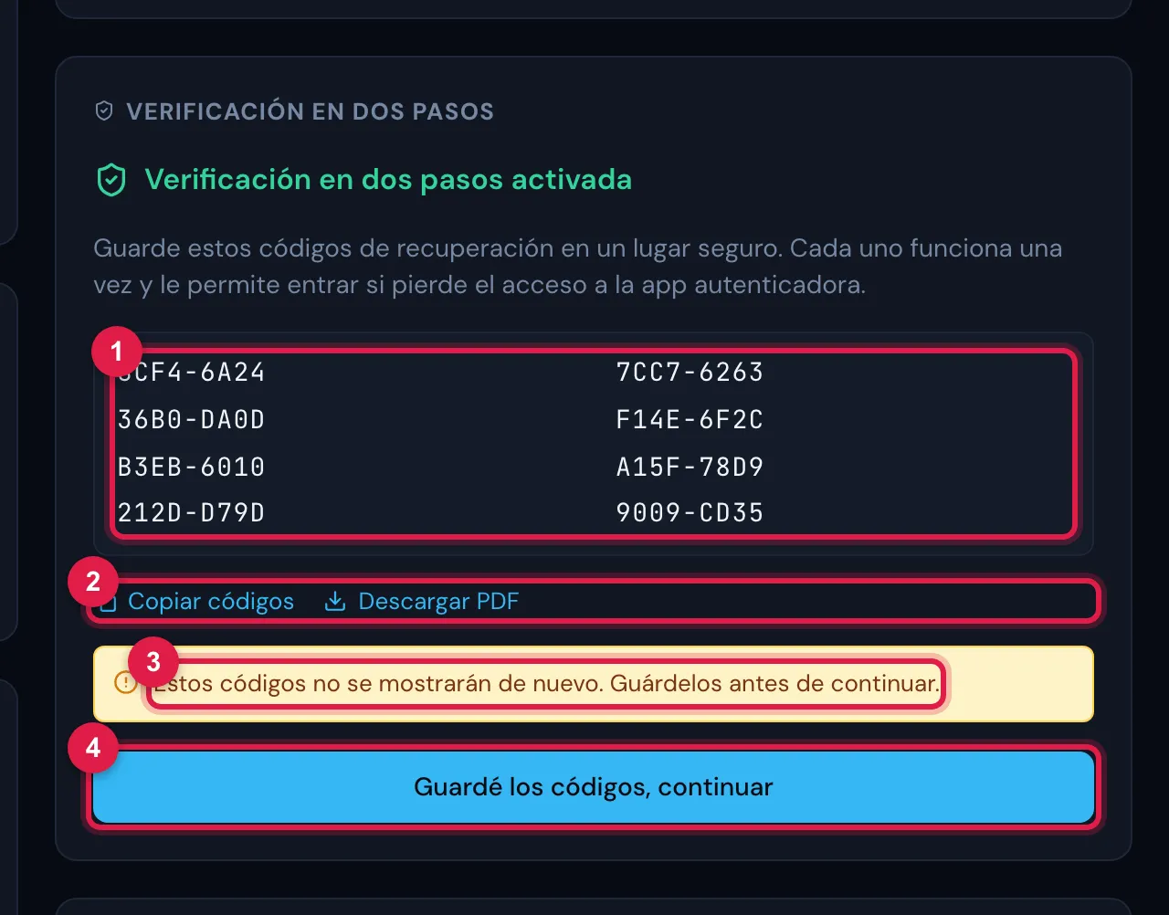 Verificación en dos pasos activada: los 8 códigos de recuperación en dos columnas, Copiar códigos, Descargar PDF, el aviso amarillo de que no se mostrarán de nuevo y el botón Guardé los códigos, continuar.