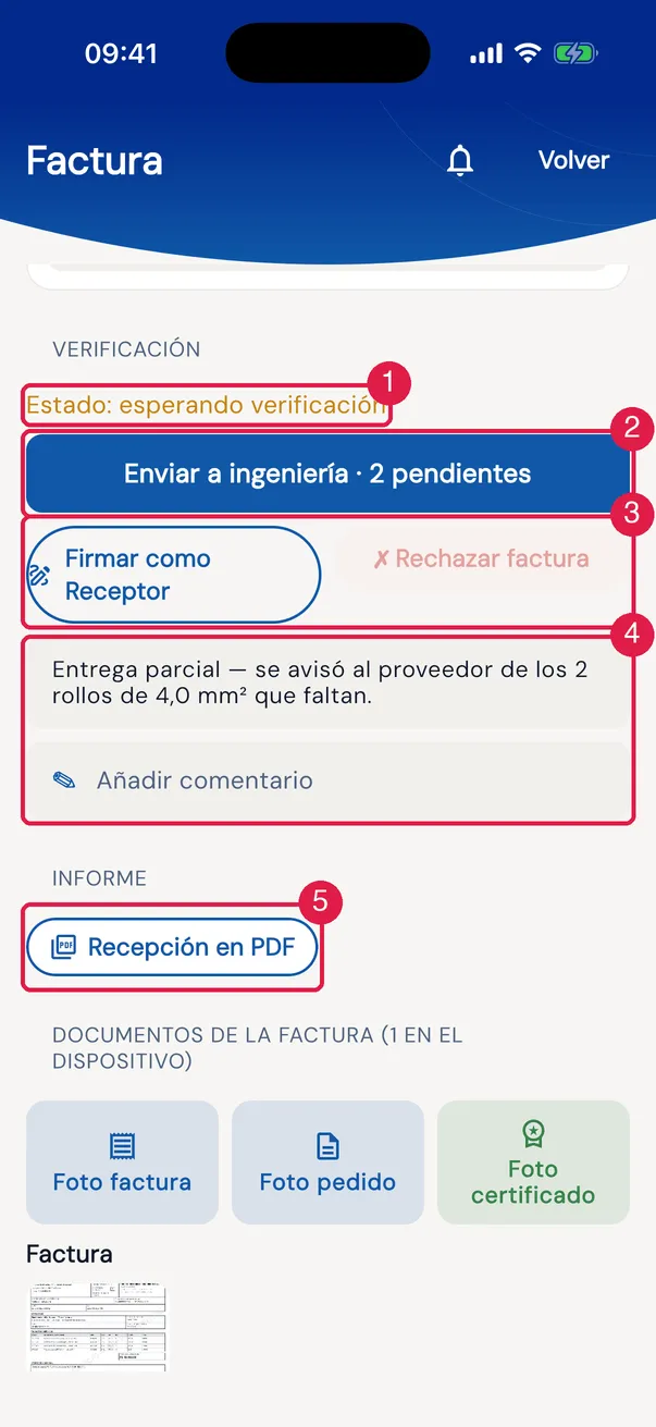 La Verificación de una factura en verificación, vista por el receptor.