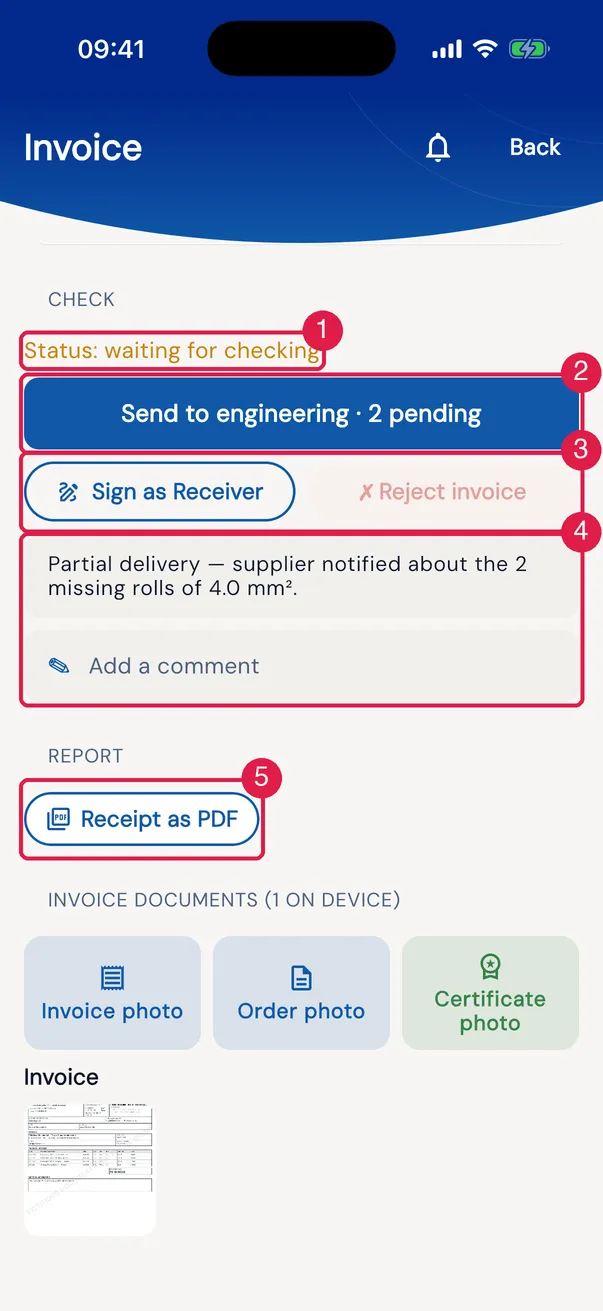 The Check of an invoice in review, as seen by the receiver.