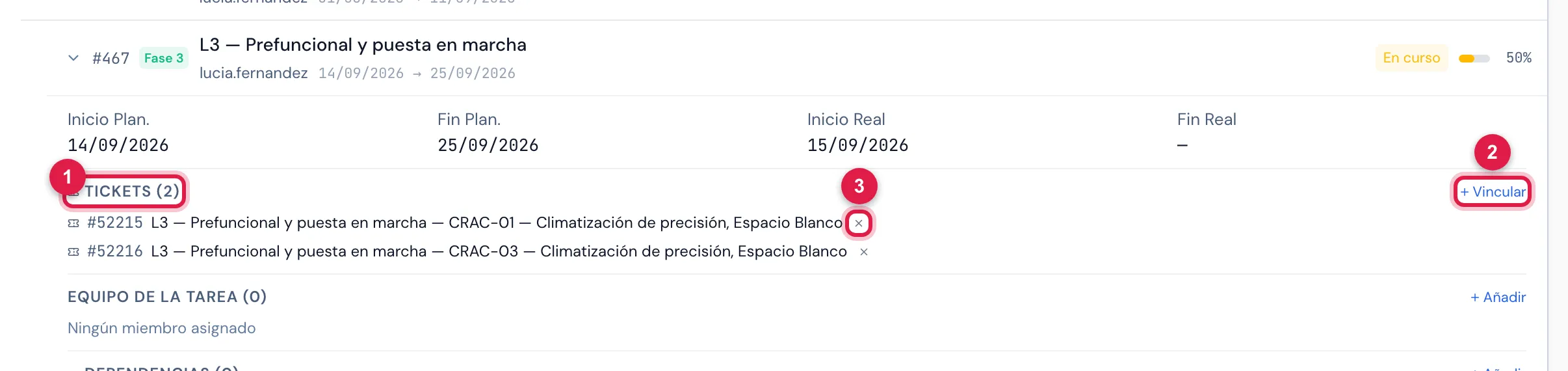 La fase L3 — Prefuncional y puesta en marcha de Climatización — unidades CRAC de la Sala Norte expandida: los tickets vinculados a ella en Tickets (N), con Vincular para vincular uno más.