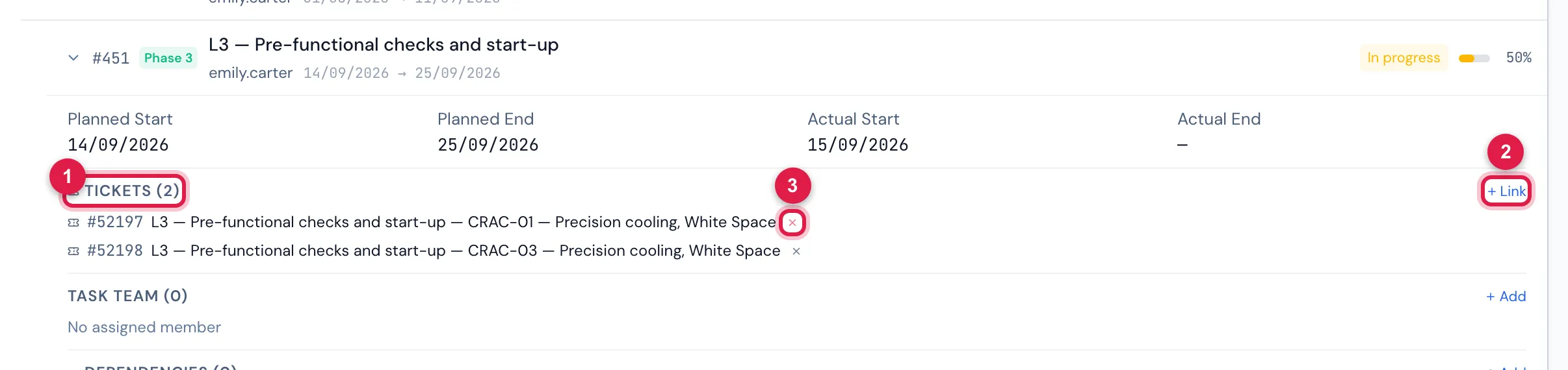 The phase L3 — Pre-functional checks and start-up of Cooling — North Room CRAC units expanded: the tickets linked to it in Tickets (N), with Link to link one more.