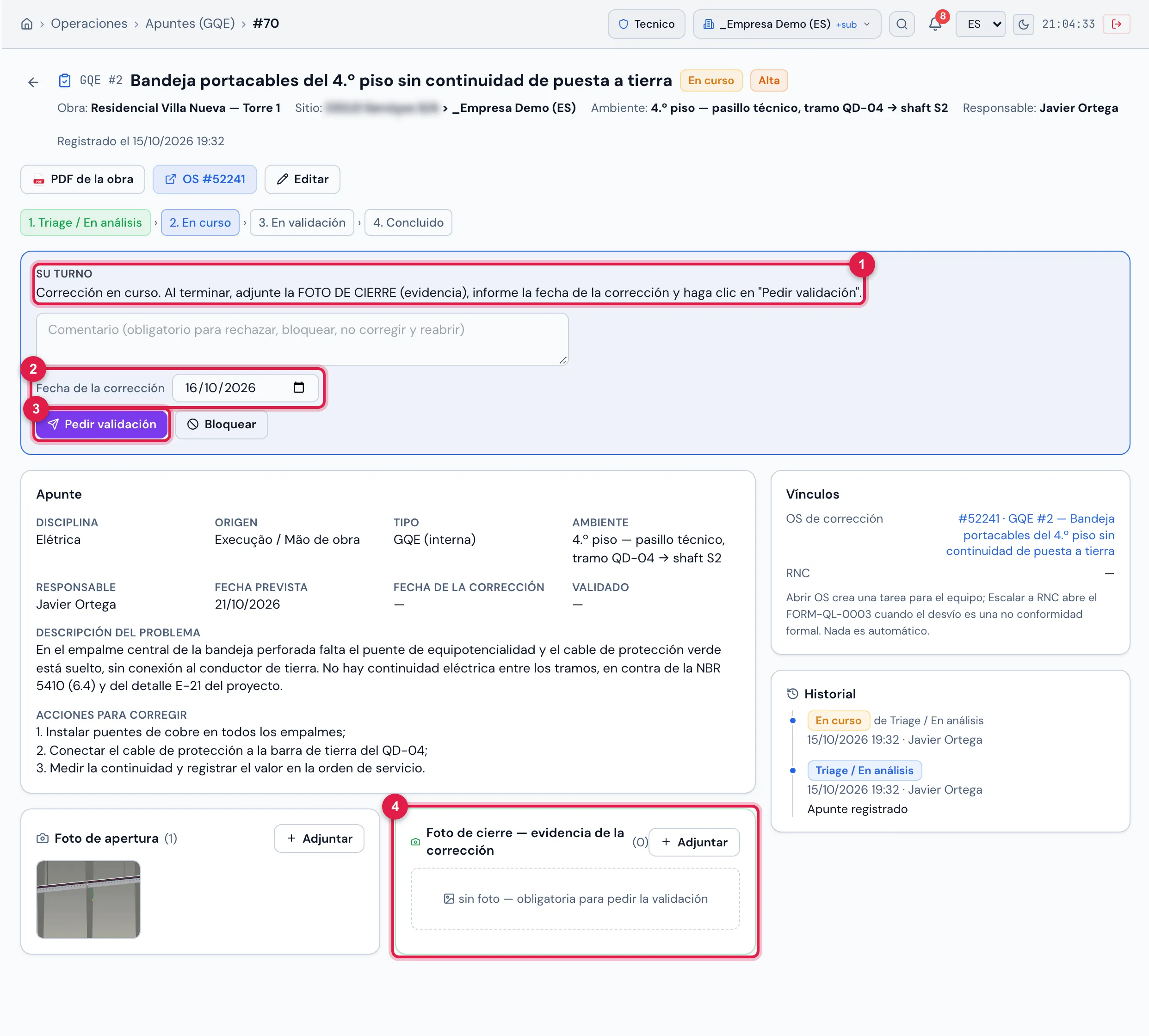 El GQE #2 "Bandeja portacables del 4.º piso sin continuidad de puesta a tierra", En curso, visto por el responsable: falta la foto de cierre para pedir la validación.