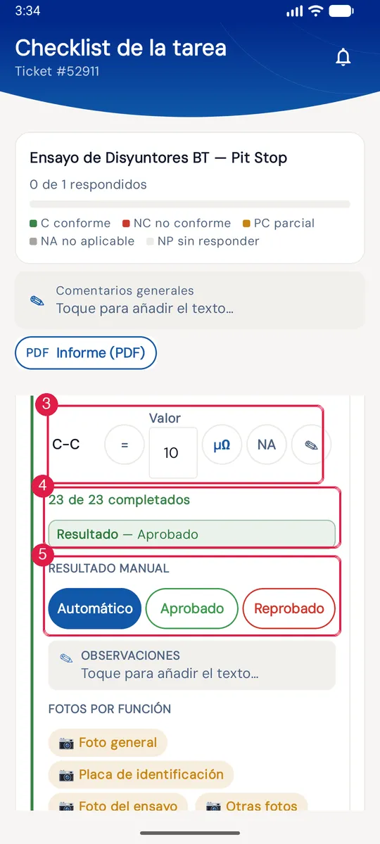 La última línea (C-C) de la cuadrícula Contacto eléctrico, 23 de 23 completados, el resultado Aprobado y el Resultado manual.