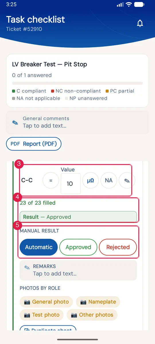 The last line (C-C) of the Contact resistance grid, 23 of 23 filled, the result Approved and the Manual result.