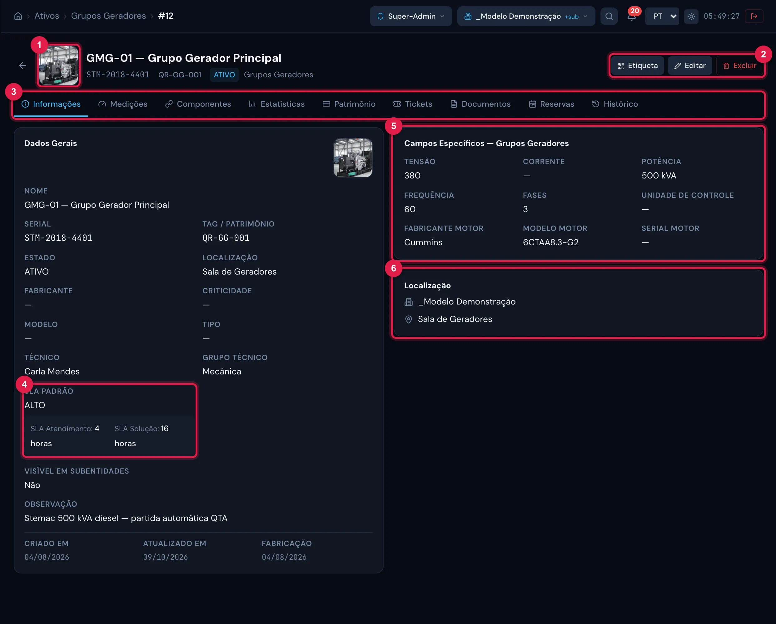 Ficha do grupo gerador GMG-01 — Grupo Gerador Principal, aba Informações: o cartão Dados Gerais à esquerda e, à direita, os campos adicionais do tipo e o cartão Localização com o site e o local.
