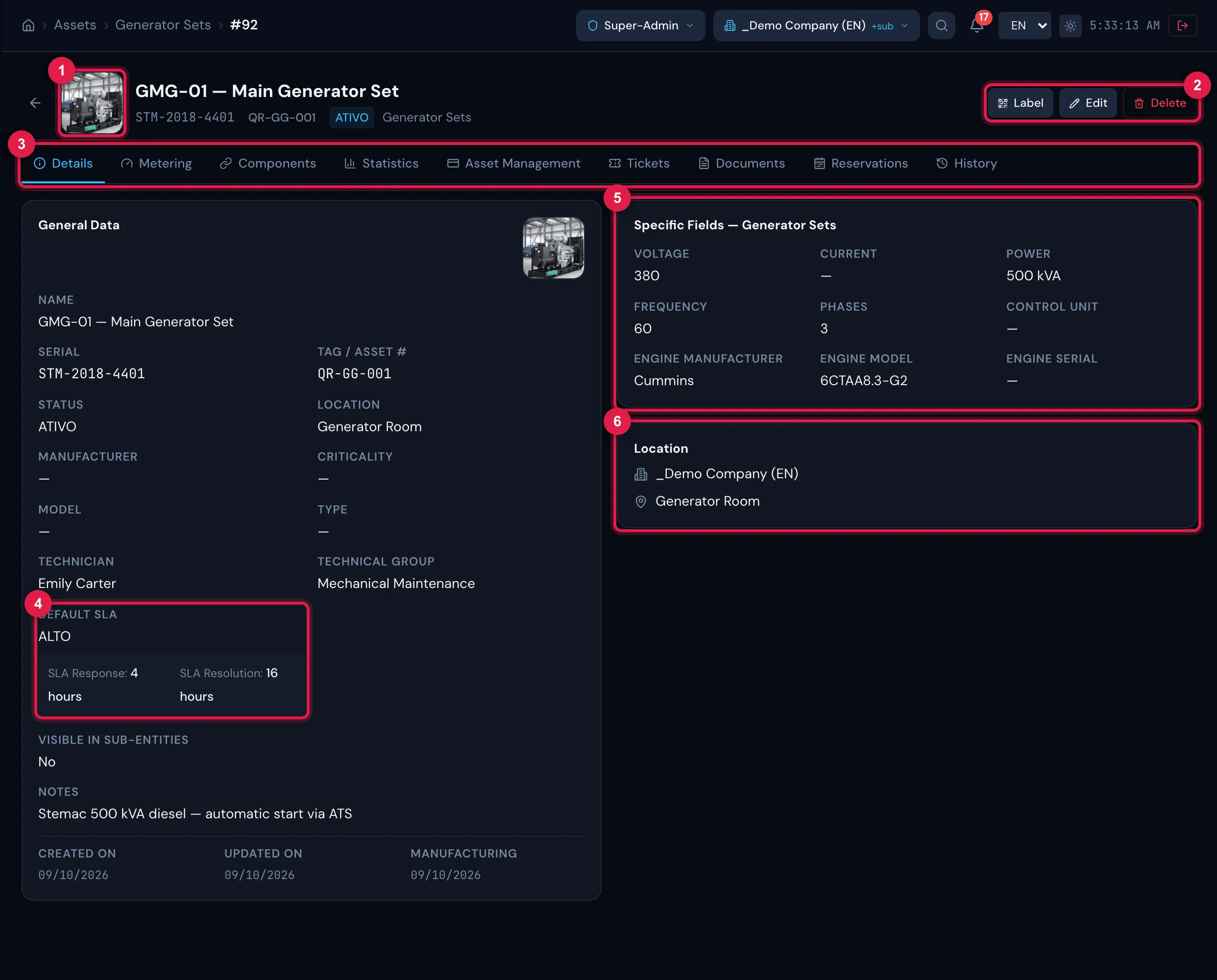 Record of the generator set GMG-01 — Main Generator Set, Details tab: the General Data card on the left and, on the right, the additional fields of the type and the Location card with the site and the location.