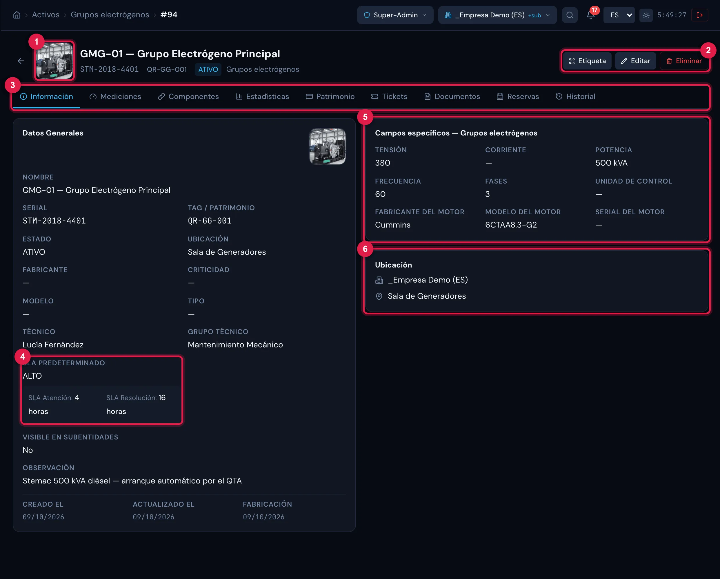 Ficha del grupo electrógeno GMG-01 — Grupo Electrógeno Principal, pestaña Información: la tarjeta Datos Generales a la izquierda y, a la derecha, los campos adicionales del tipo y la tarjeta Ubicación con el sitio y el lugar.