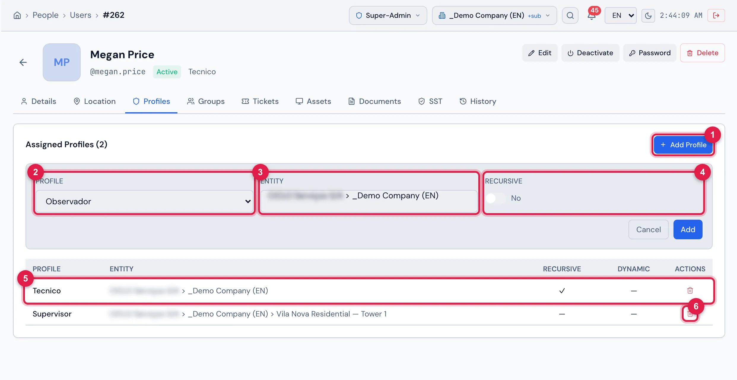 Profiles tab with the Add Profile panel open (nothing added yet) and the user's two assignments: Tecnico on the company, recursive, and Supervisor only on Vila Nova Residential — Tower 1.