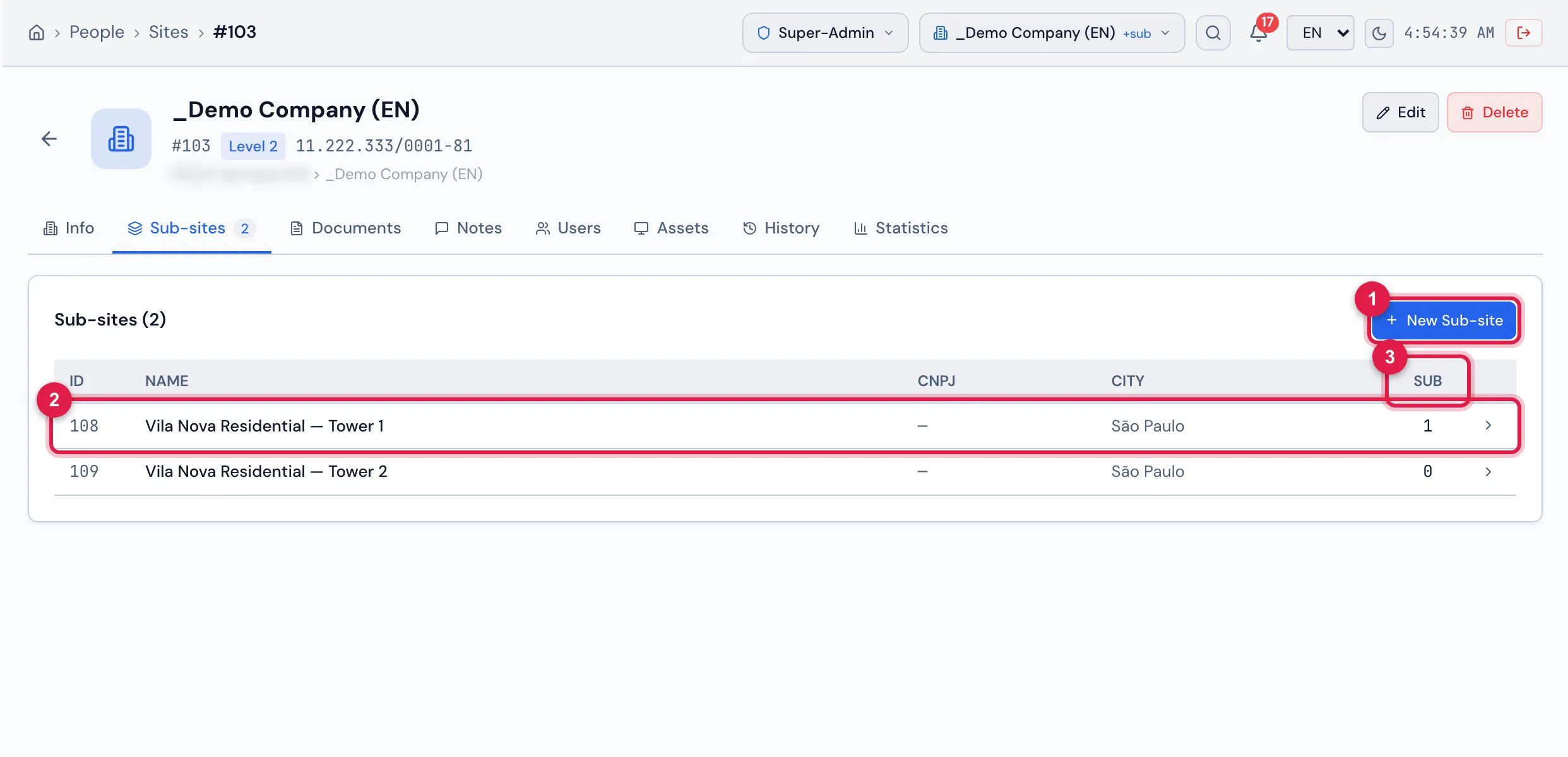 Sub-sites tab of the record: the sites of the level below, with the Sub column, and the New Sub-site button.