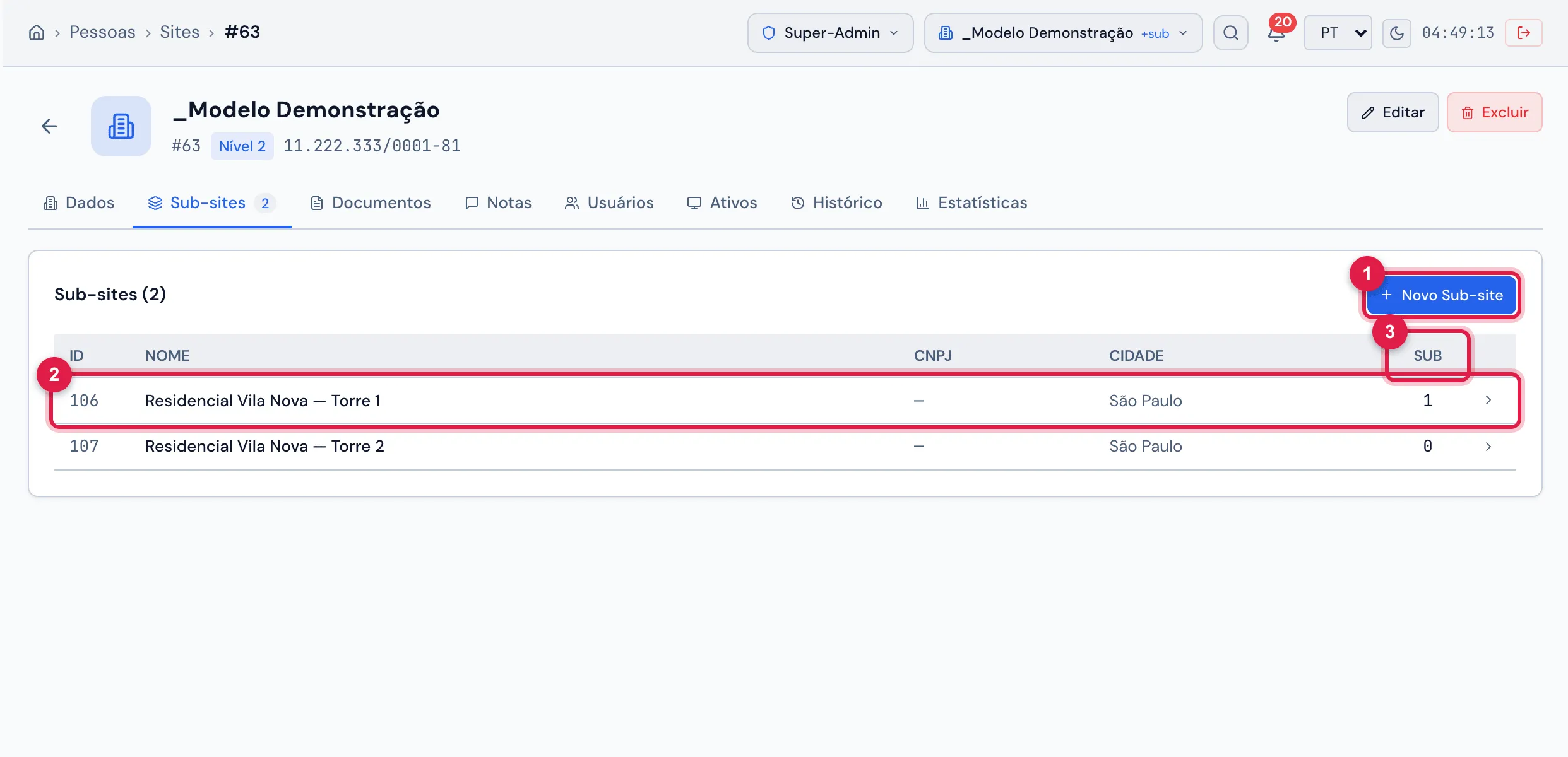 Aba Sub-sites da ficha: os sites do nível de baixo, com a coluna Sub, e o botão Novo Sub-site.