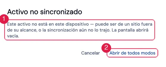 El aviso Activo no sincronizado, con Abrir de todos modos, para la etiqueta de un activo que no está en el dispositivo. Esta pantalla es del escritorio, donde el código de la etiqueta se escribe (o lo lee un lector USB); en el celular y en la tableta, la cámara lee el QR y el aviso es el mismo.