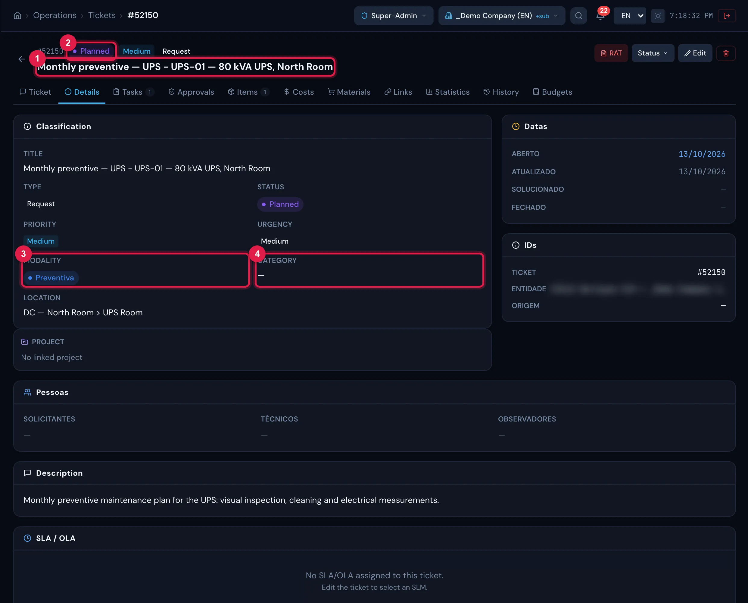 A generated ticket, opened from the Tickets list: title "plan - asset", status Planned, preventive modality and the asset's location.