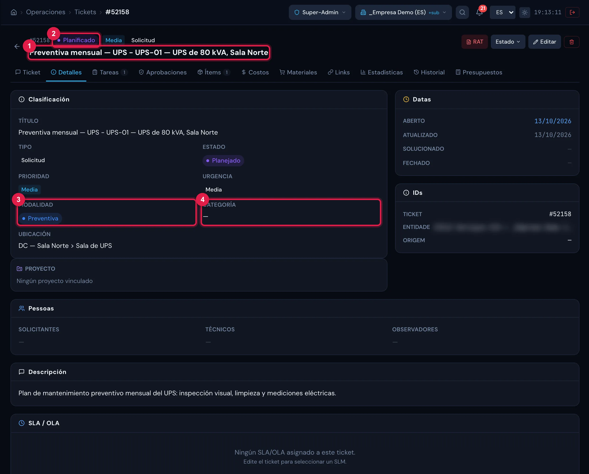 Un ticket generado, abierto desde la lista de Tickets: título "plan - activo", estado Planificado, modalidad preventiva y la ubicación del activo.