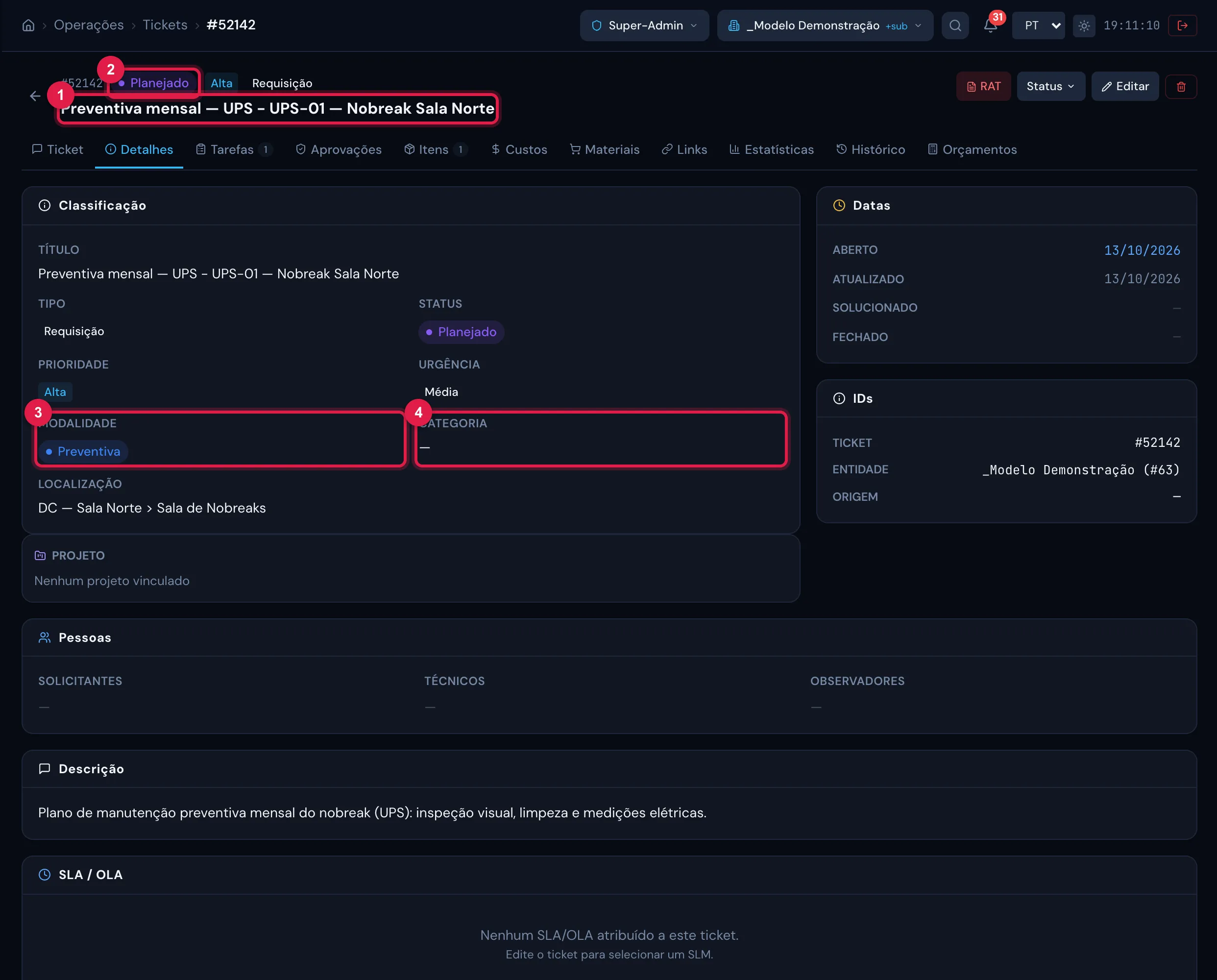 Um chamado gerado, aberto pela lista de Tickets: título "plano - ativo", status Planejado, modalidade preventiva e a localização do ativo.