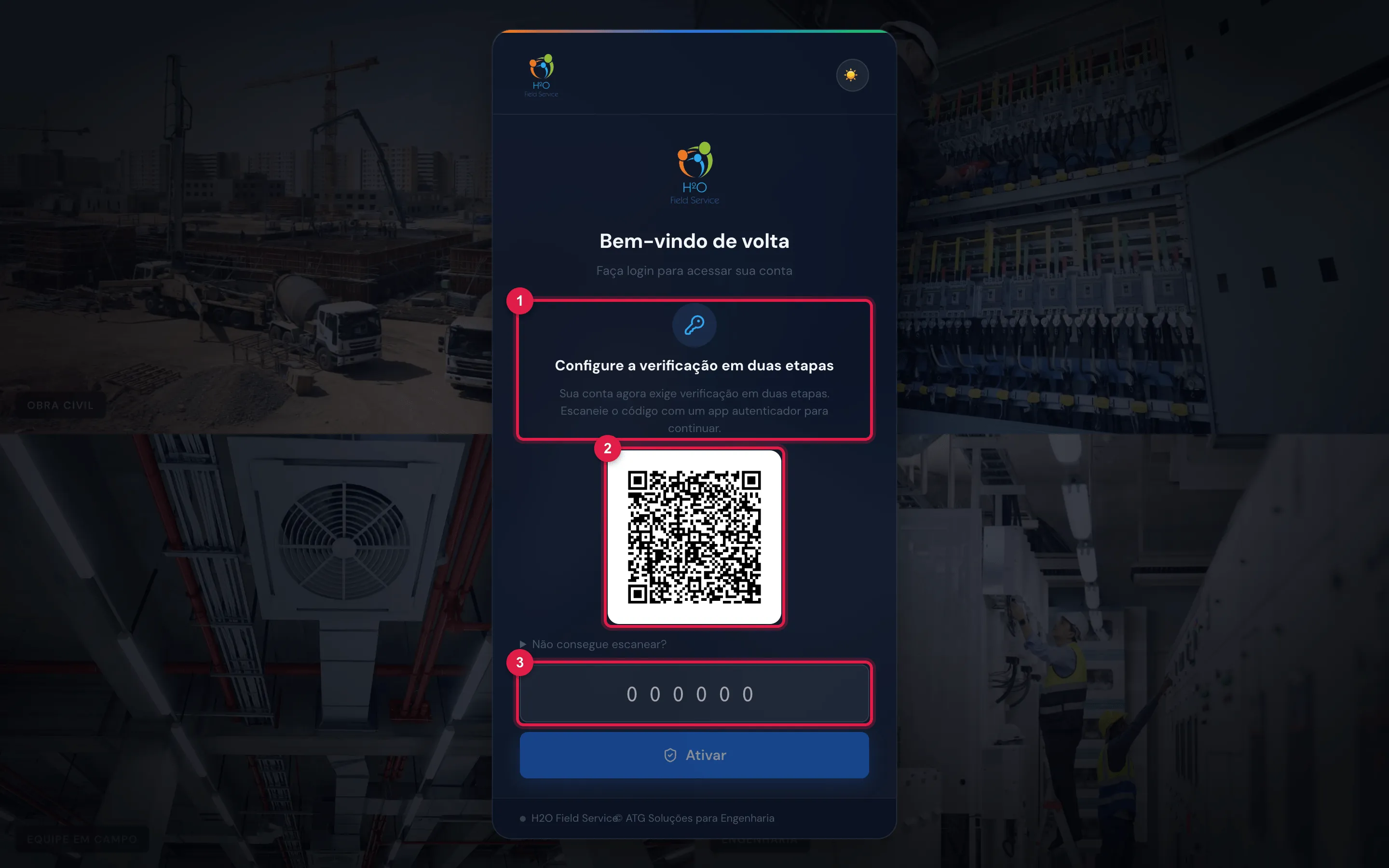 Entrada com o prazo vencido: o cartão Configure a verificação em duas etapas, o QR code, o atalho Não consegue escanear?, o campo do código e o botão Ativar.