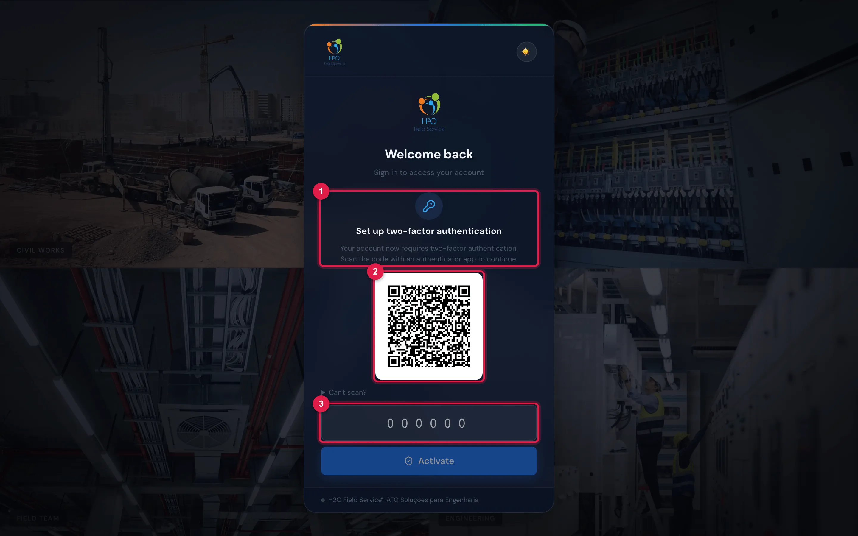 Sign-in with the deadline passed: the Set up two-factor authentication card, the QR code, the Can't scan? shortcut, the code field and the Activate button.