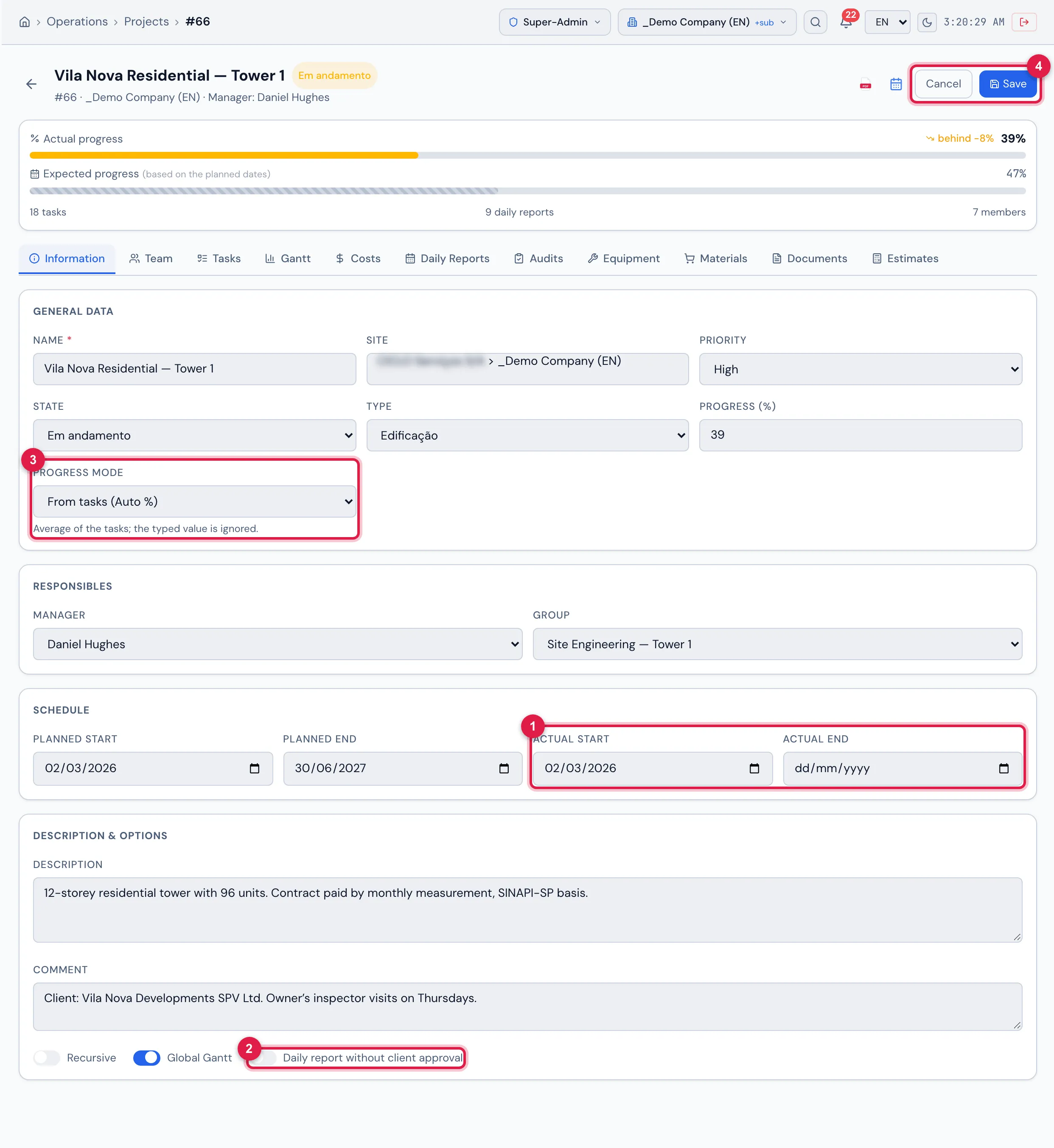 The project page being edited: General Data, Responsibles, Schedule (with the actual dates) and Description & Options (with Daily report without client approval).