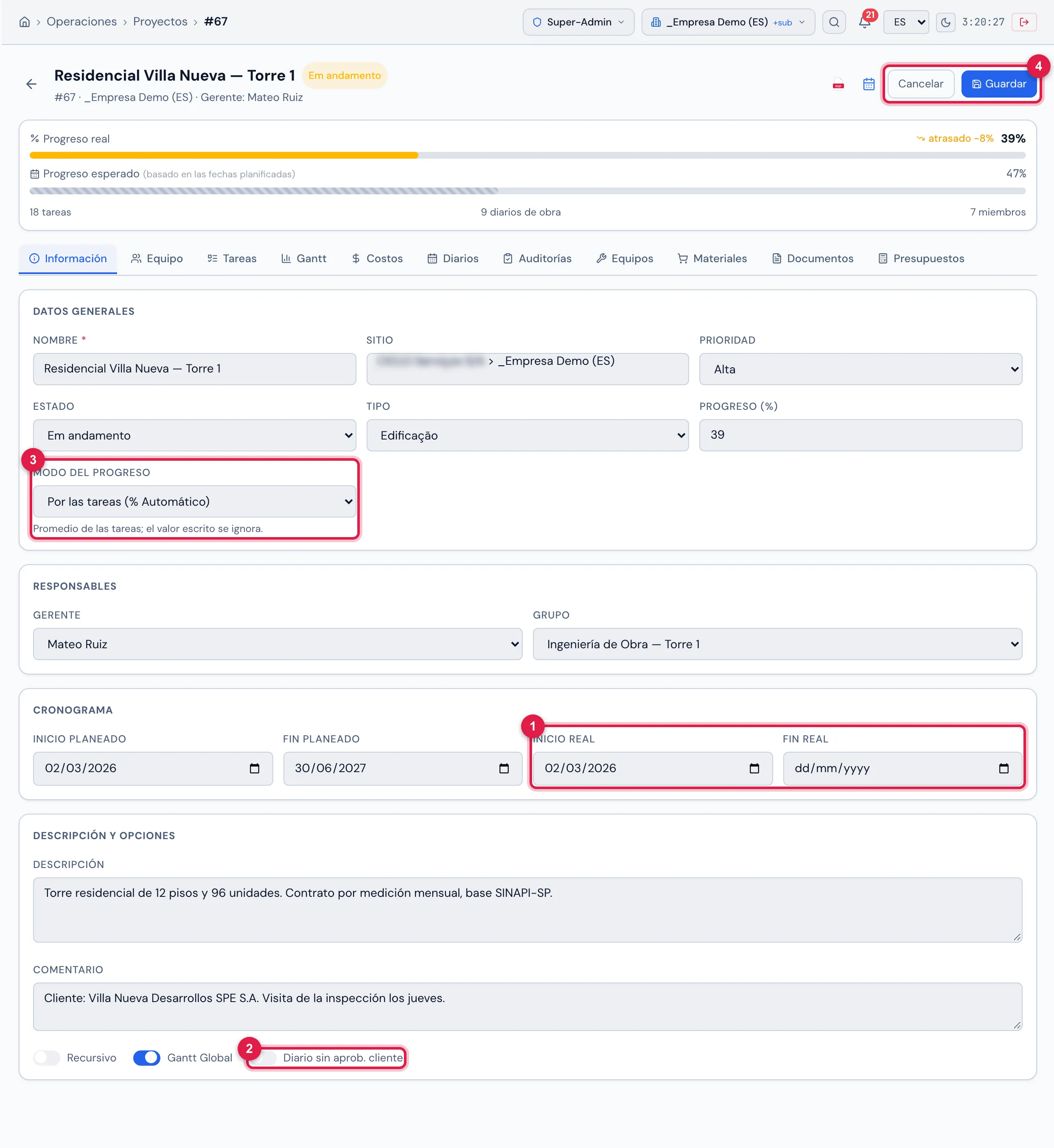 La ficha en edición: Datos Generales, Responsables, Cronograma (con las fechas reales) y Descripción y Opciones (con Diario sin aprob. cliente).