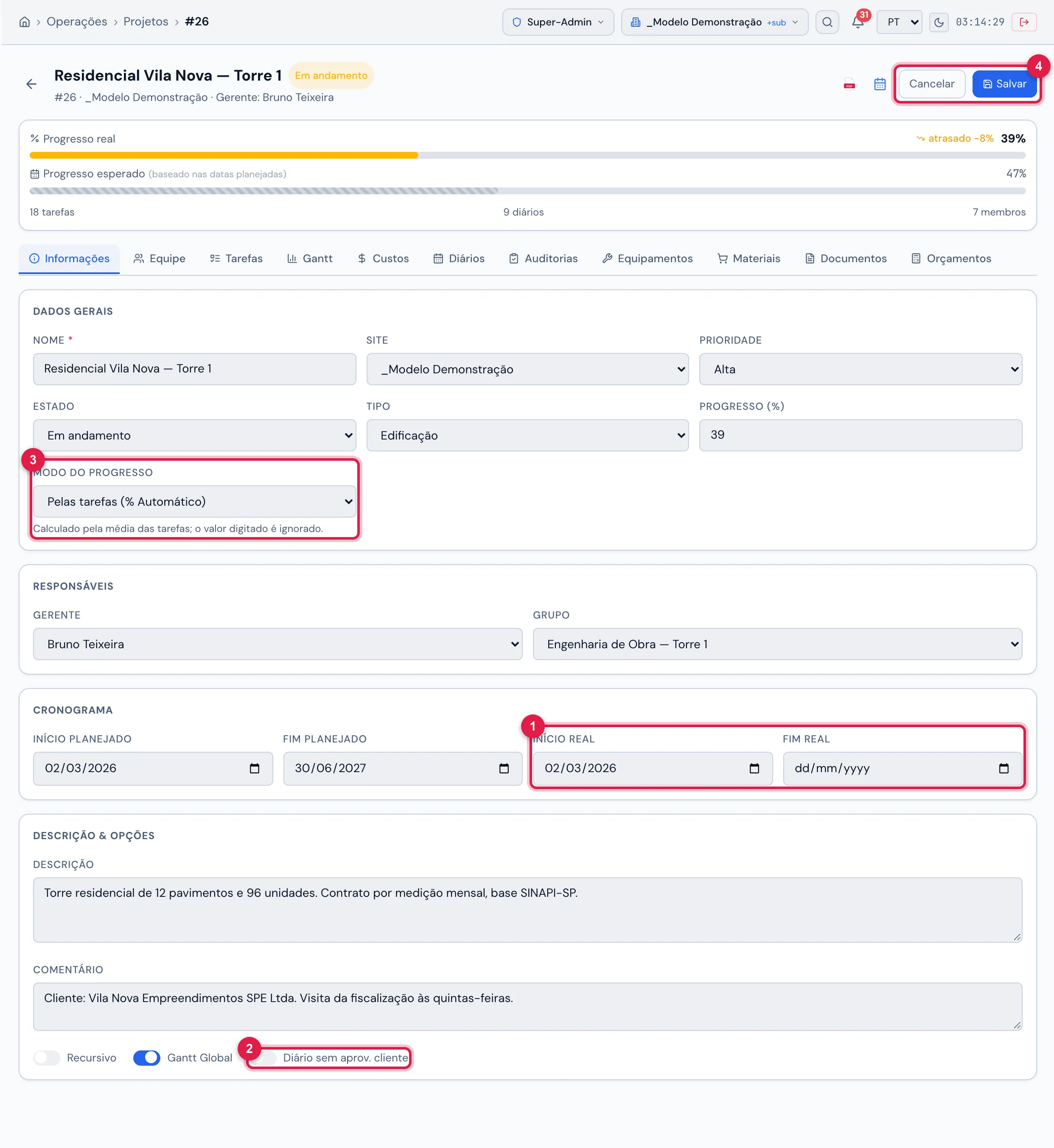 A ficha em edição: Dados Gerais, Responsáveis, Cronograma (com as datas reais) e Descrição & Opções (com Diário sem aprov. cliente).