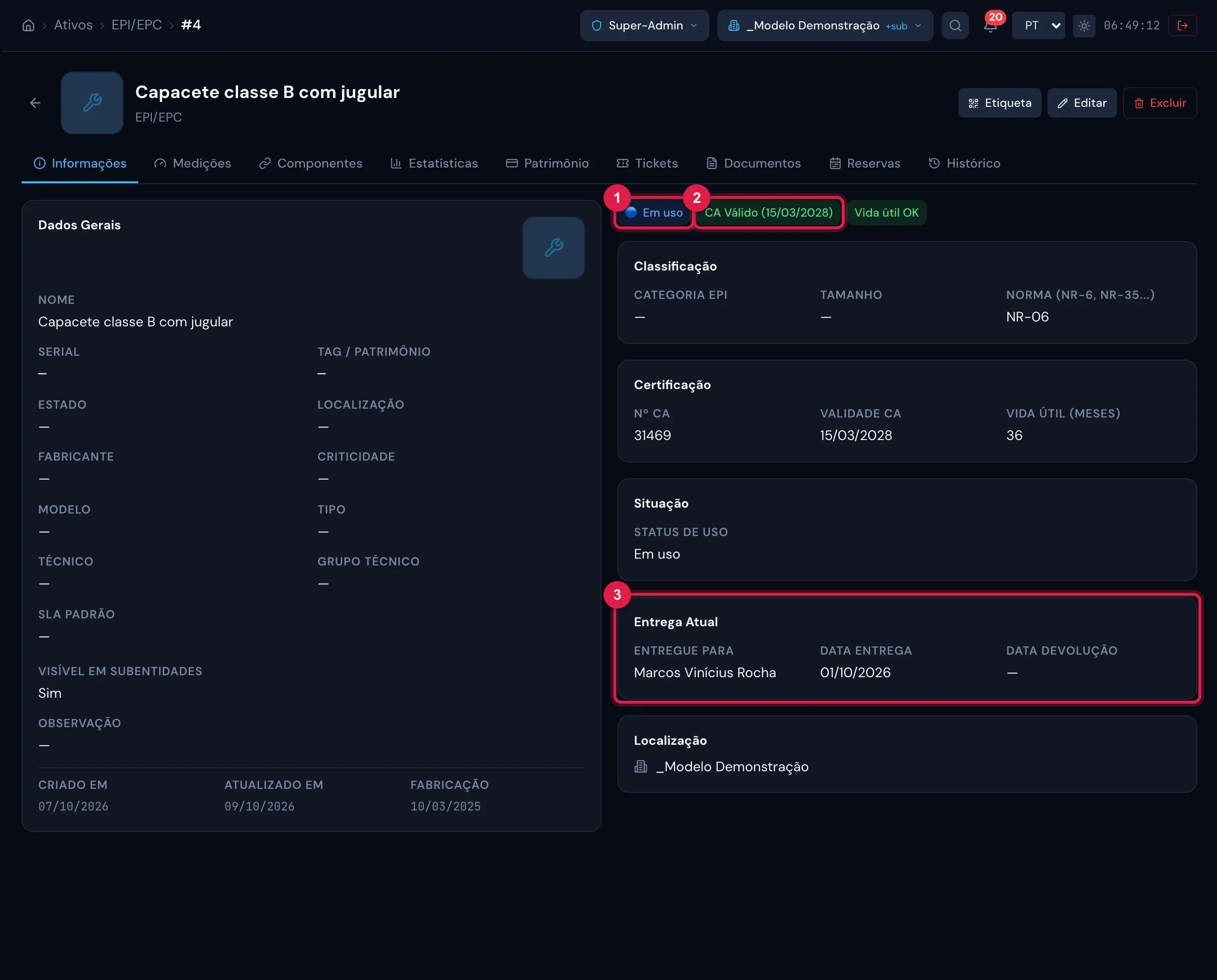 Ficha de um EPI em uso: os selos 🔵 Em uso e CA Válido e as seções Classificação, Certificação, Situação e Entrega Atual (Entregue para, Data entrega, Data devolução).