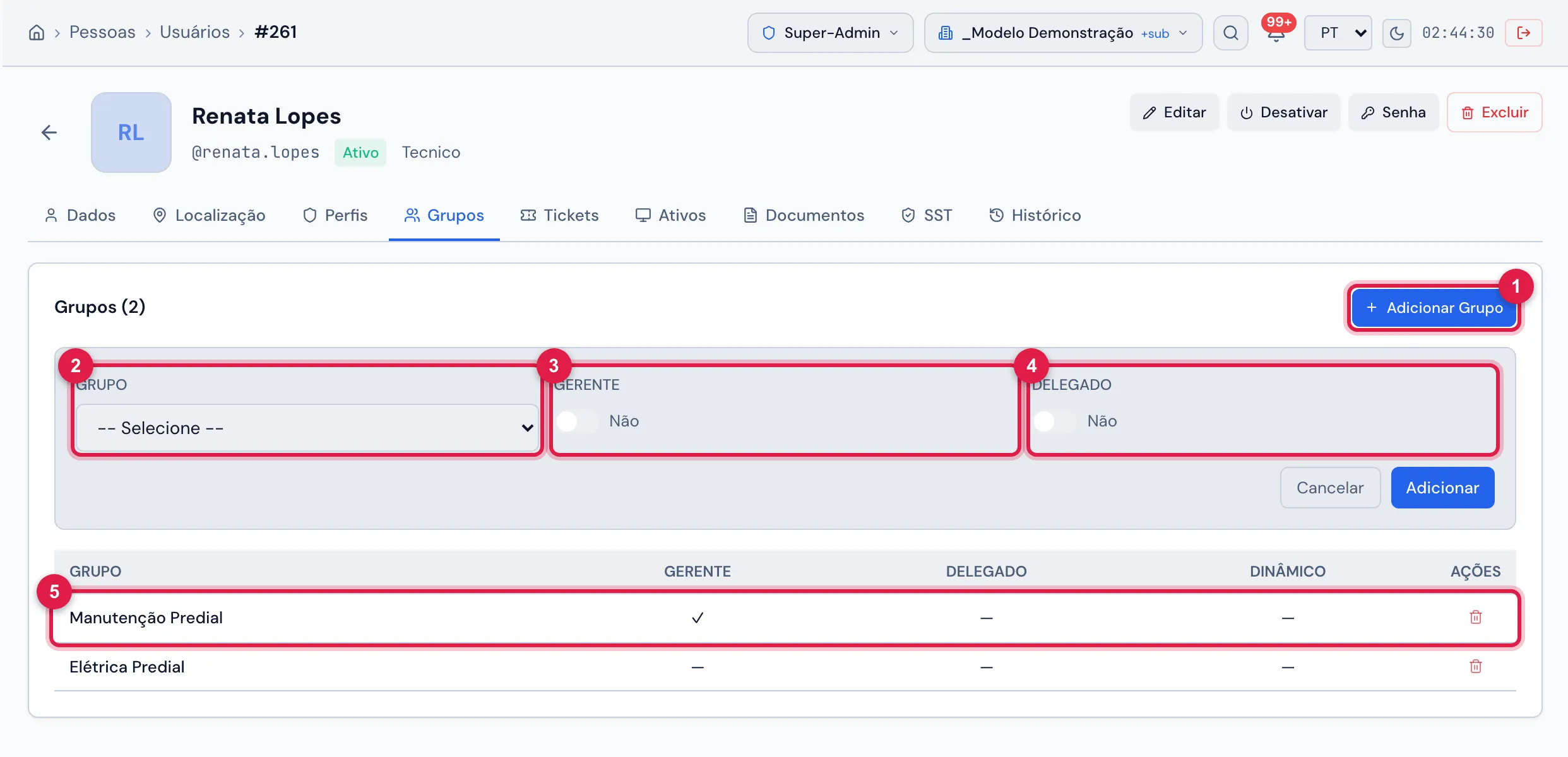 Aba Grupos com o quadro Adicionar Grupo aberto (ainda sem adicionar). A usuária participa de Manutenção Predial, como Gerente, e de Elétrica Predial.