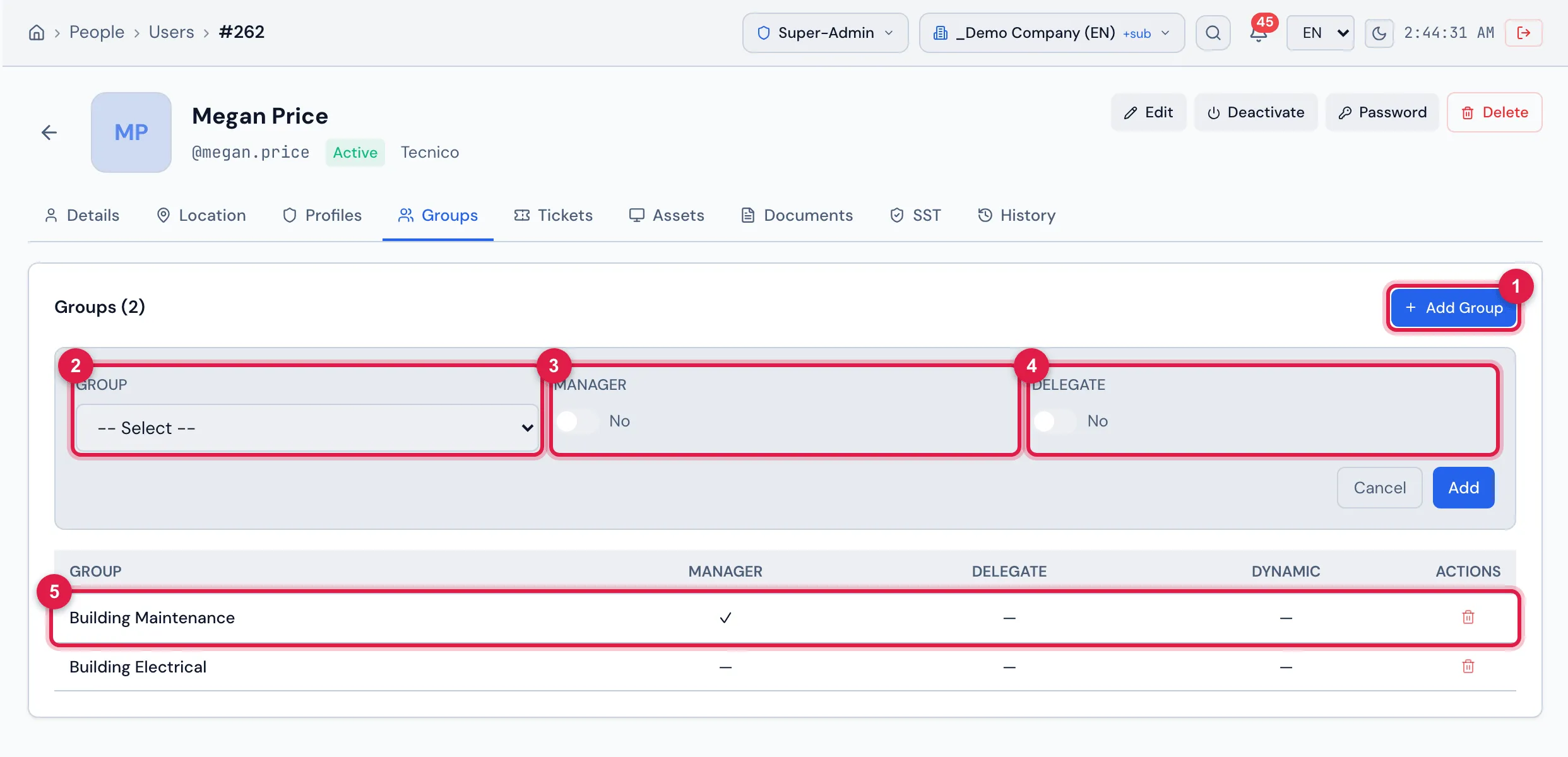 Groups tab with the Add Group panel open (nothing added yet). The user belongs to Building Maintenance, as Manager, and to Building Electrical.