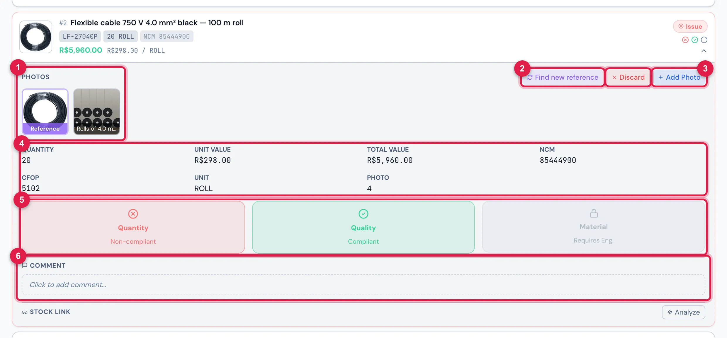 An item of invoice 4128 open: the photos, the tax data, the three check buttons and the comment.